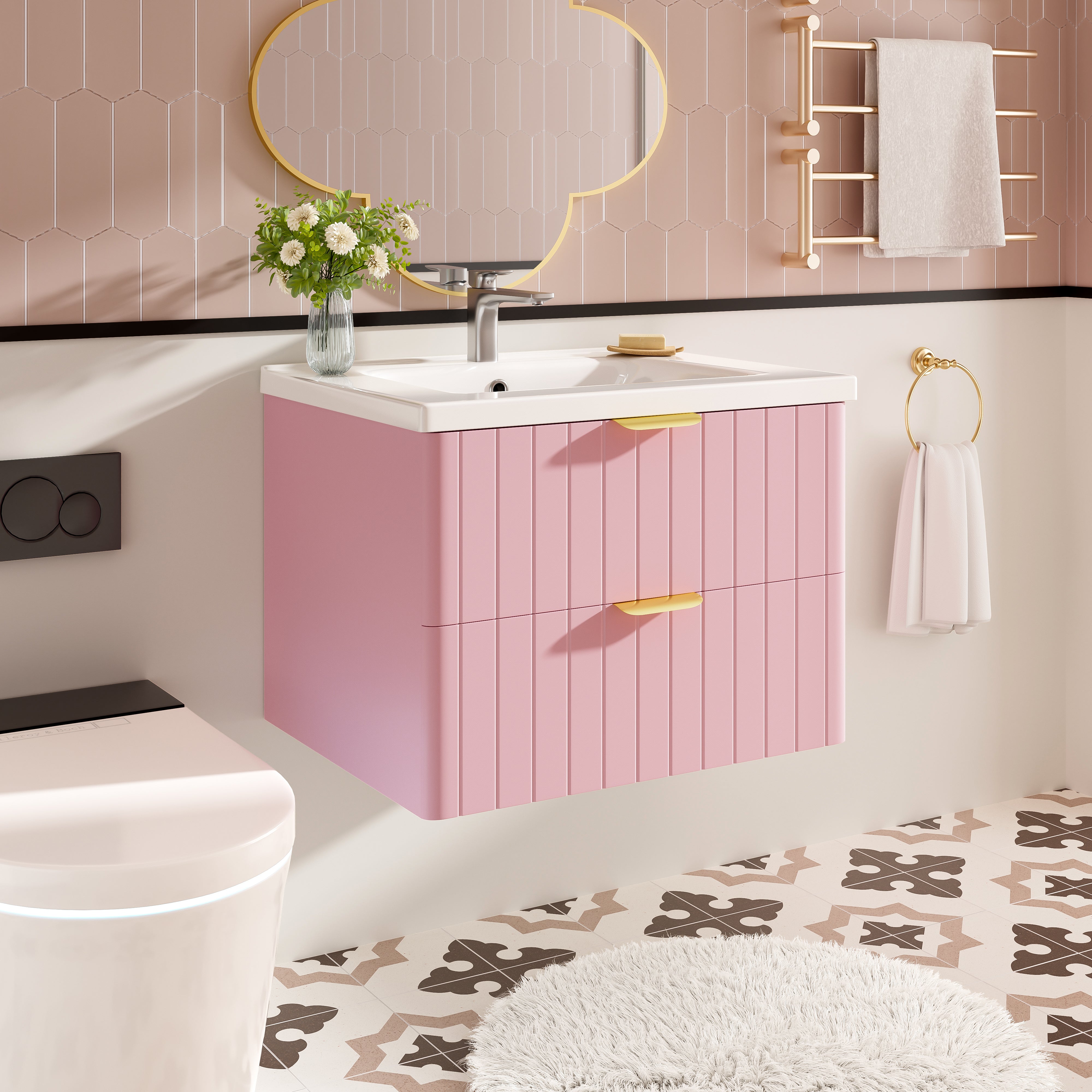 Wall-Hung Vanity Unit with Ceramic Sink and Double Storage, Pink