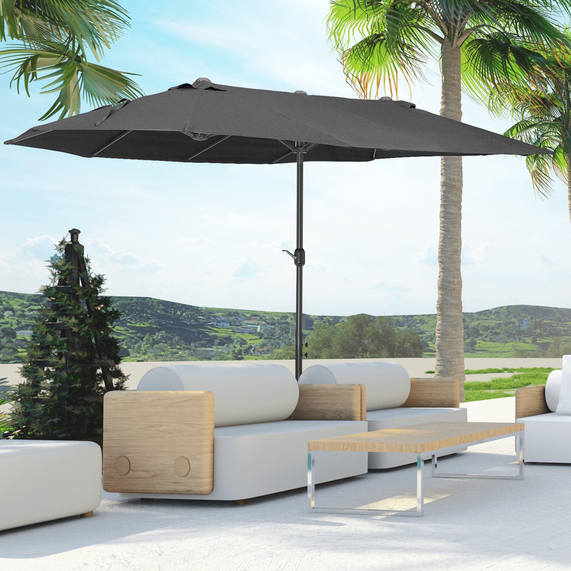 Parasol Double Patio Umbrella with Hand Crank, Oval, Black