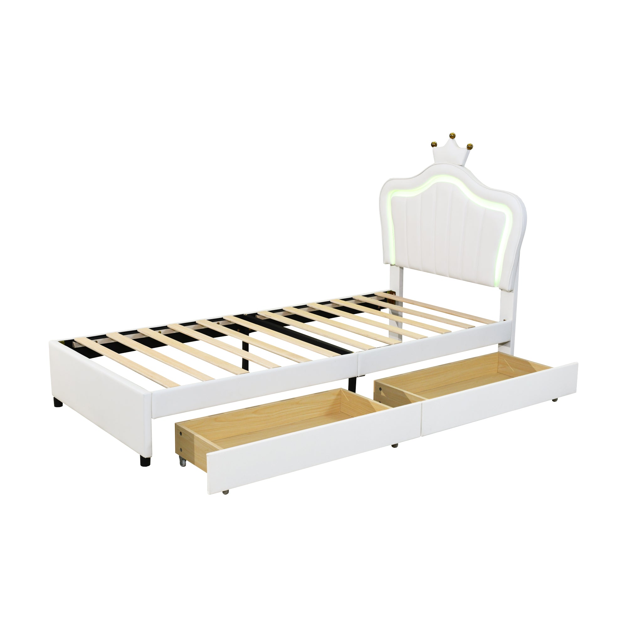 Children's Bed Upholstered Single Crown Girl's with Storage Drawers & LED Lights, White PU Leather