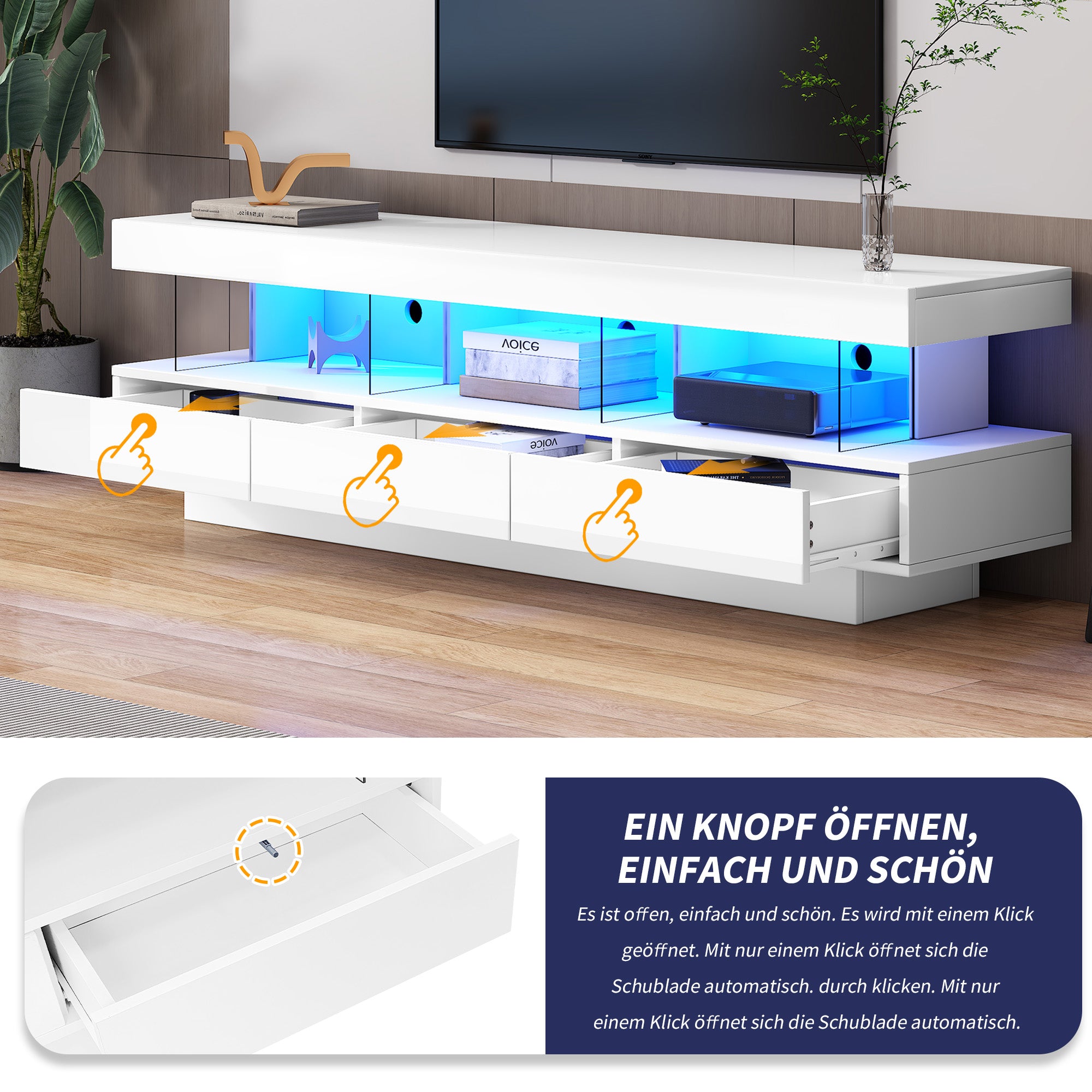 TV Cabinet, 160x38x50.5cm High-Gloss with Glass, LED, App Control, for 70-inch TVs, White