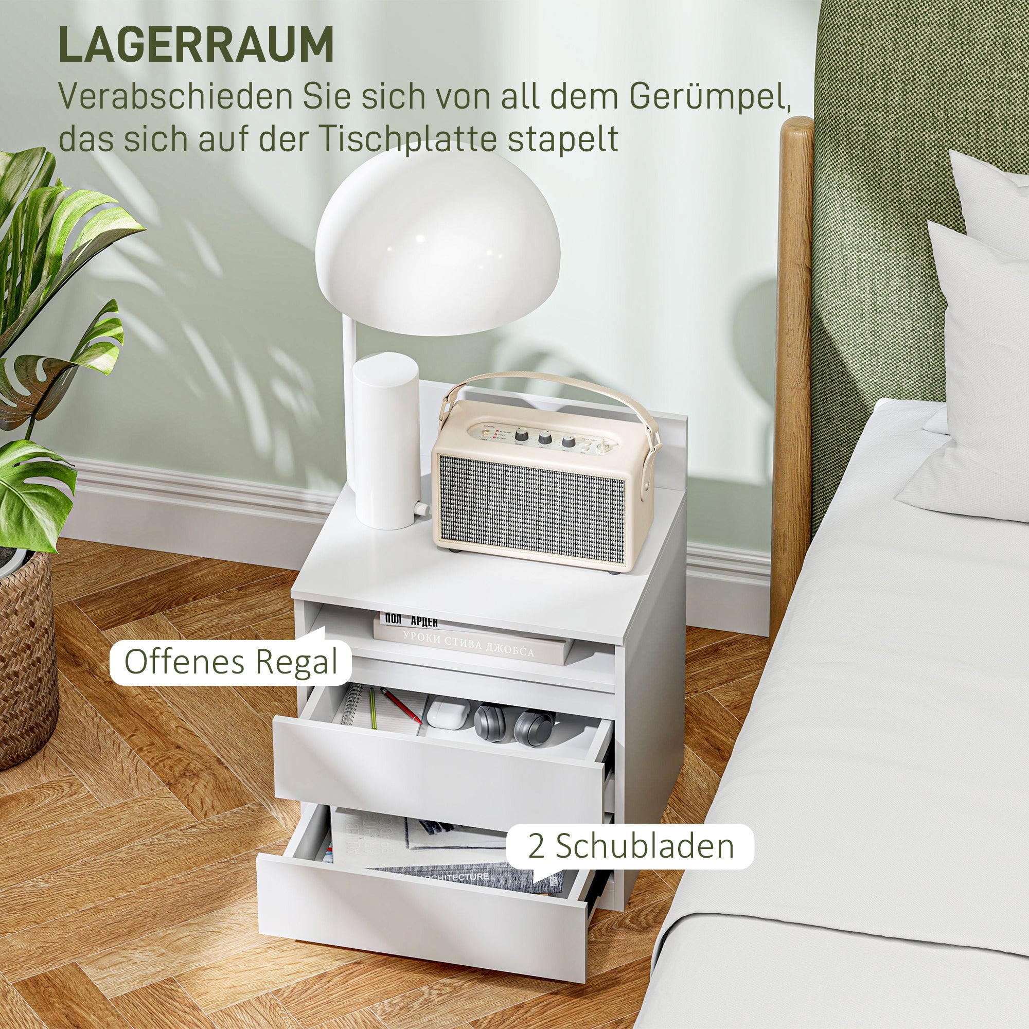 Set of 2 Bedside Tables, 2 Drawers, Nightstand with Shelf, White