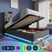 Upholstered Single Bed, Hydraulic Storage with USB & LED, Gray Cotton