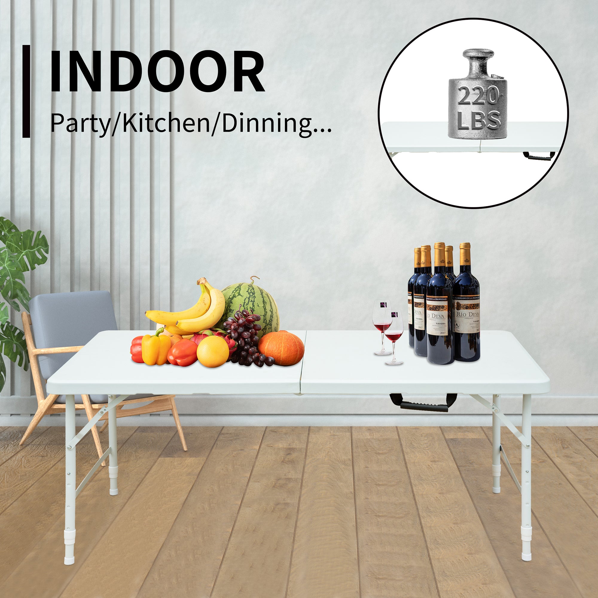 Folding Table 125cm - Adjustable Height, Compact, White