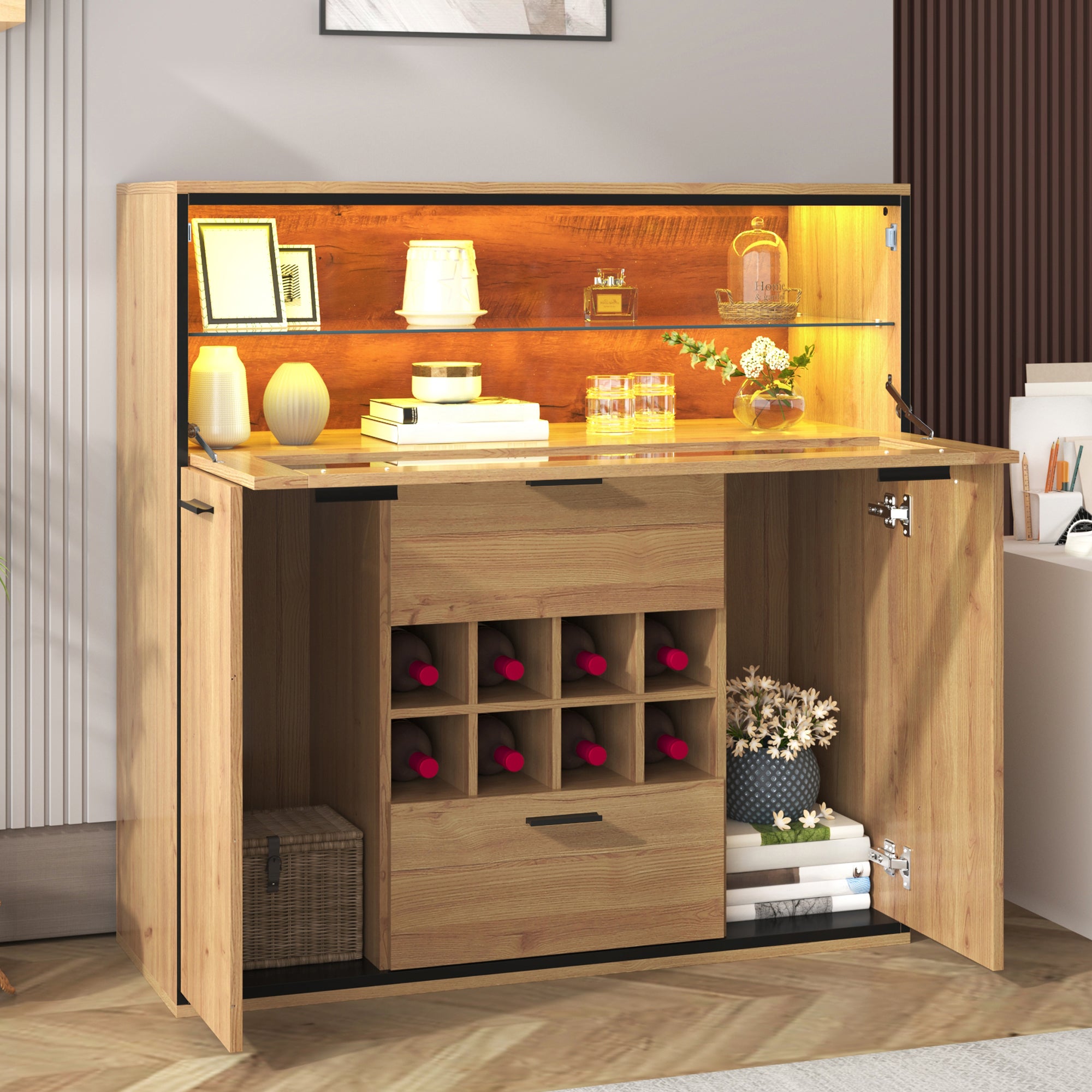 Sideboard, Elegant Wine Cabinet with Double Doors, Glass Shelf & Wine Holder