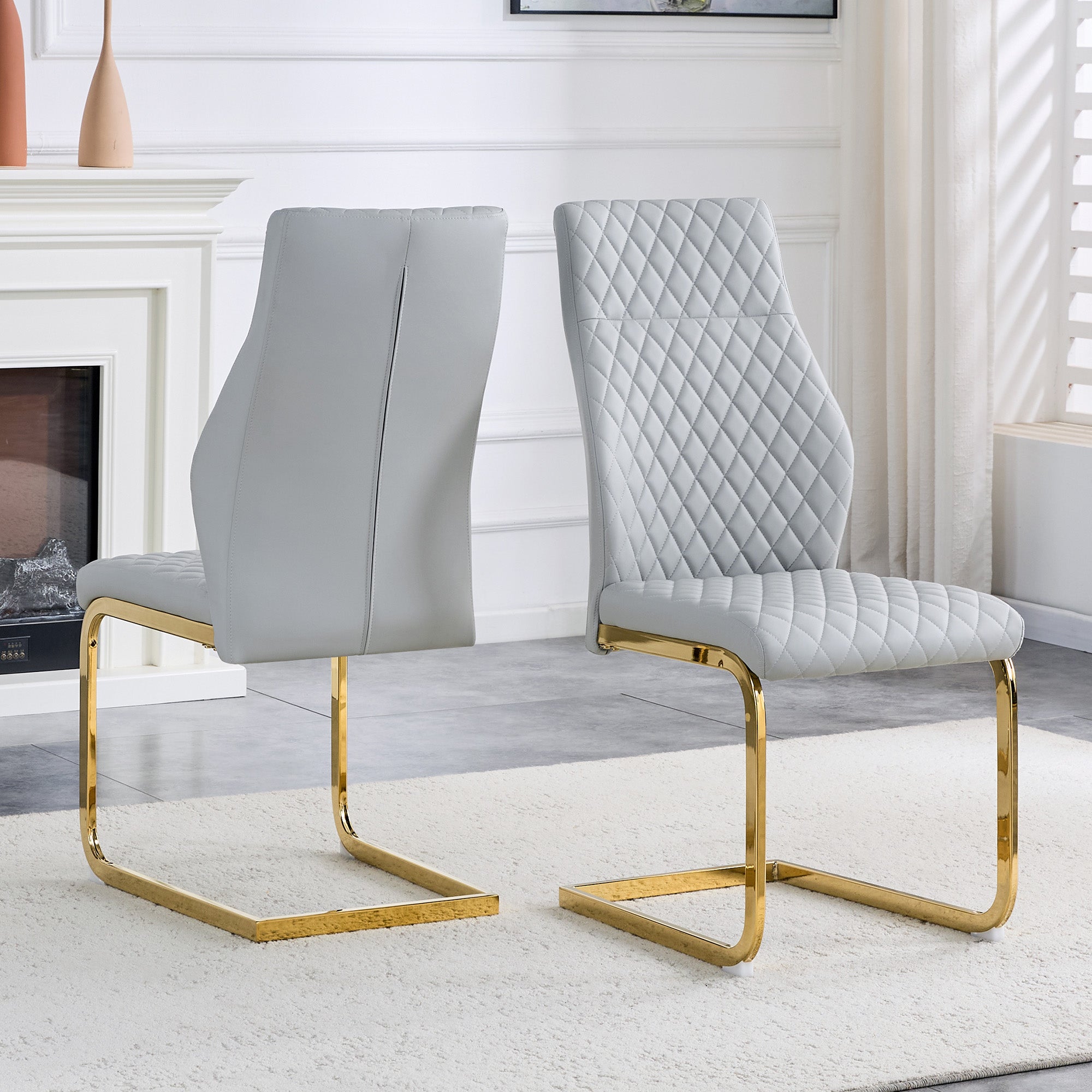 Dining Chair Set of 2, High Backrest and Gold Metal Frame, Light Grey PU Leather