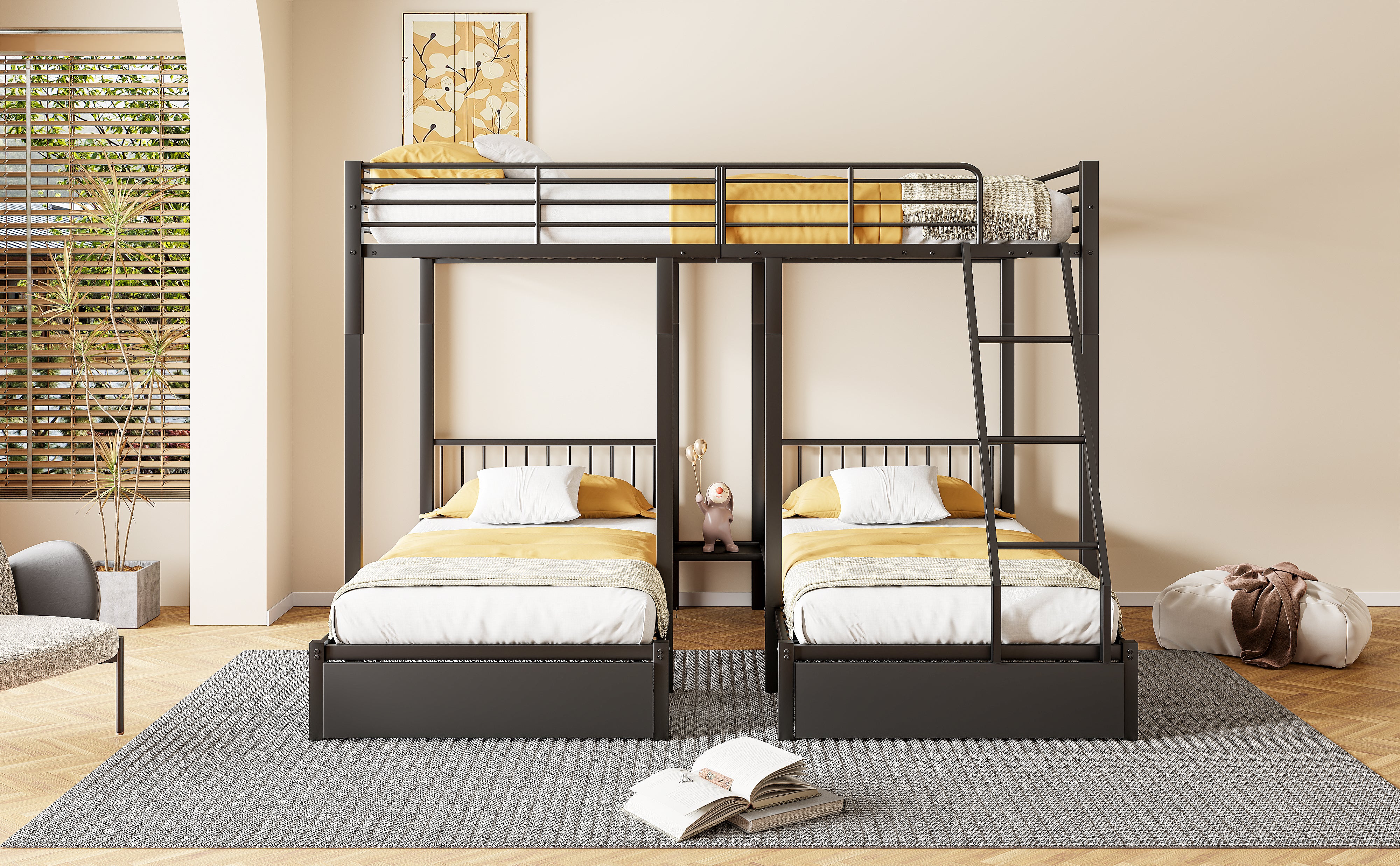 Triple Bunk Bed, Drawers, Convertible to Double & Two Single Beds, Metal, Black