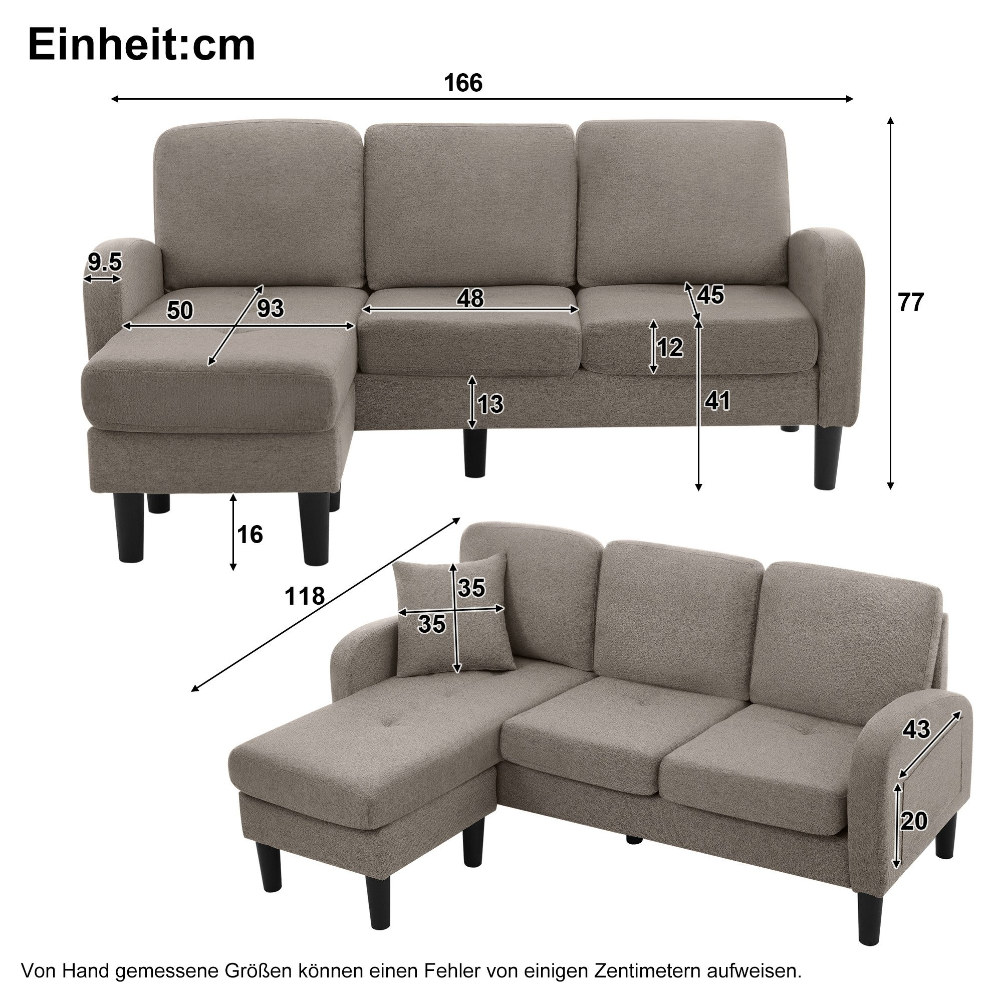 Sofa, L-Shaped Corner with Chaise, 3-Seater, Cotton Linen