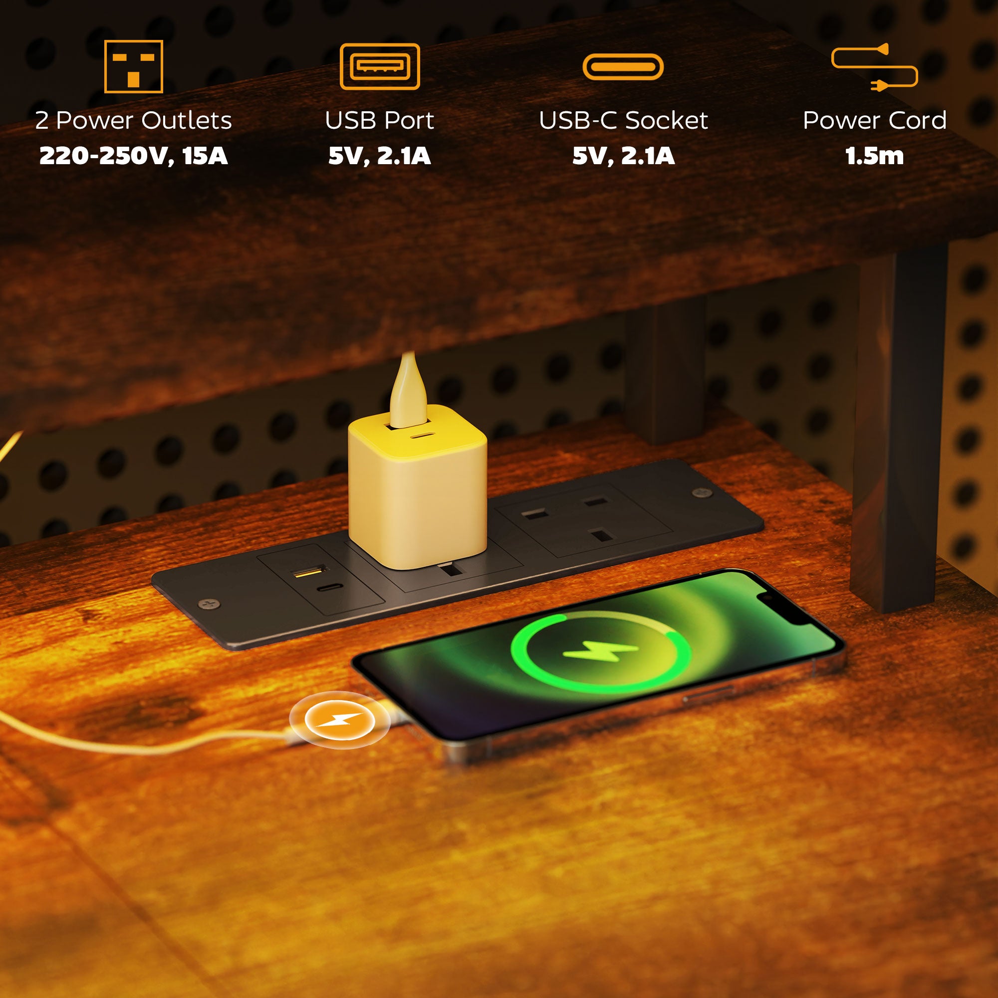 LED Computer Desk with Power Outlets and Shelves - Rustic Brown