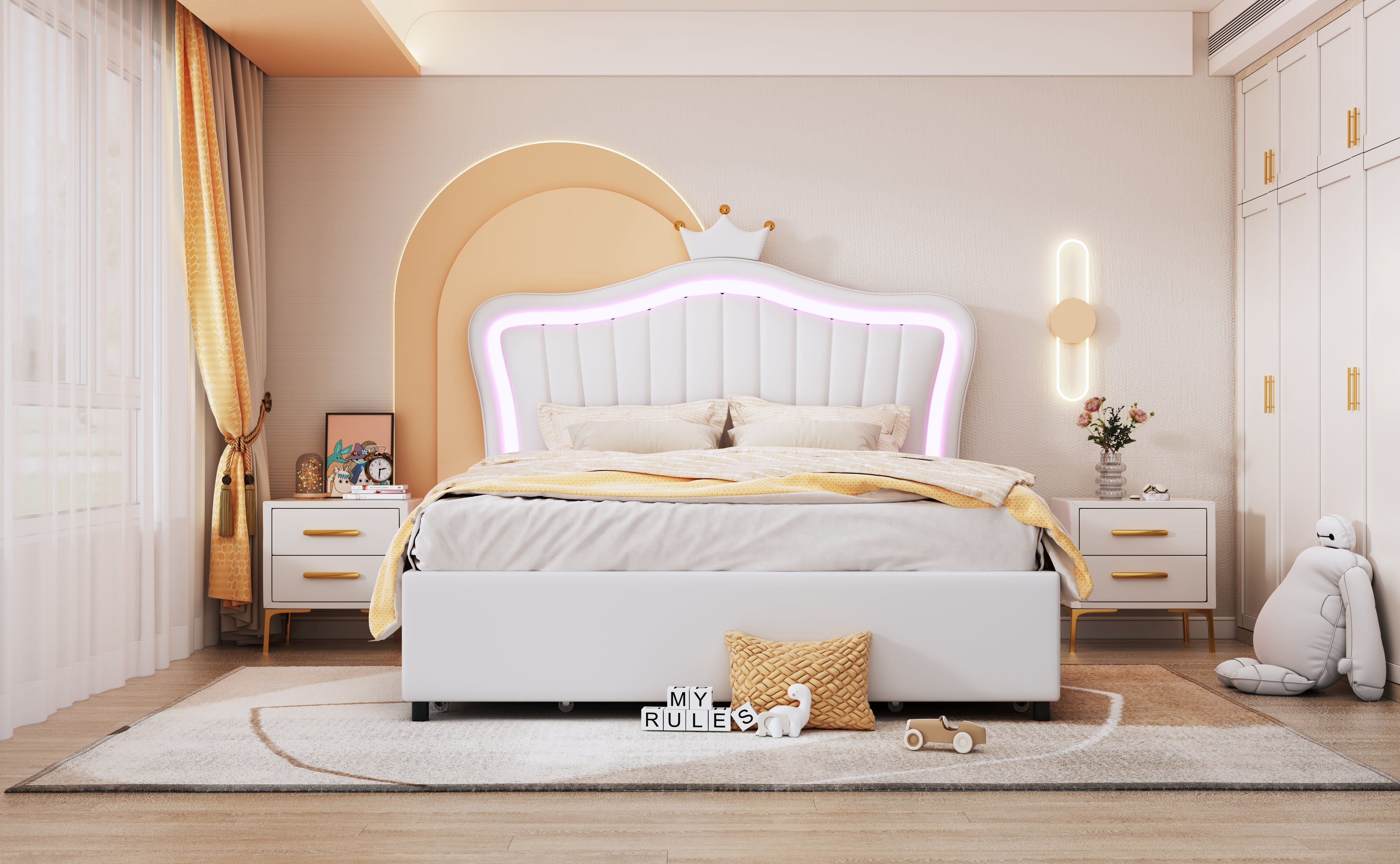 Children's Bed Upholstered with Storage Drawers & LED Lights, White PU Leather