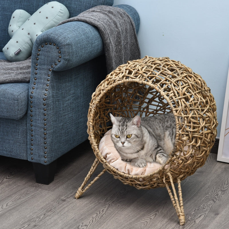 Rattan Cat House, Cushion Cat Cave, Raised Feet, Natural
