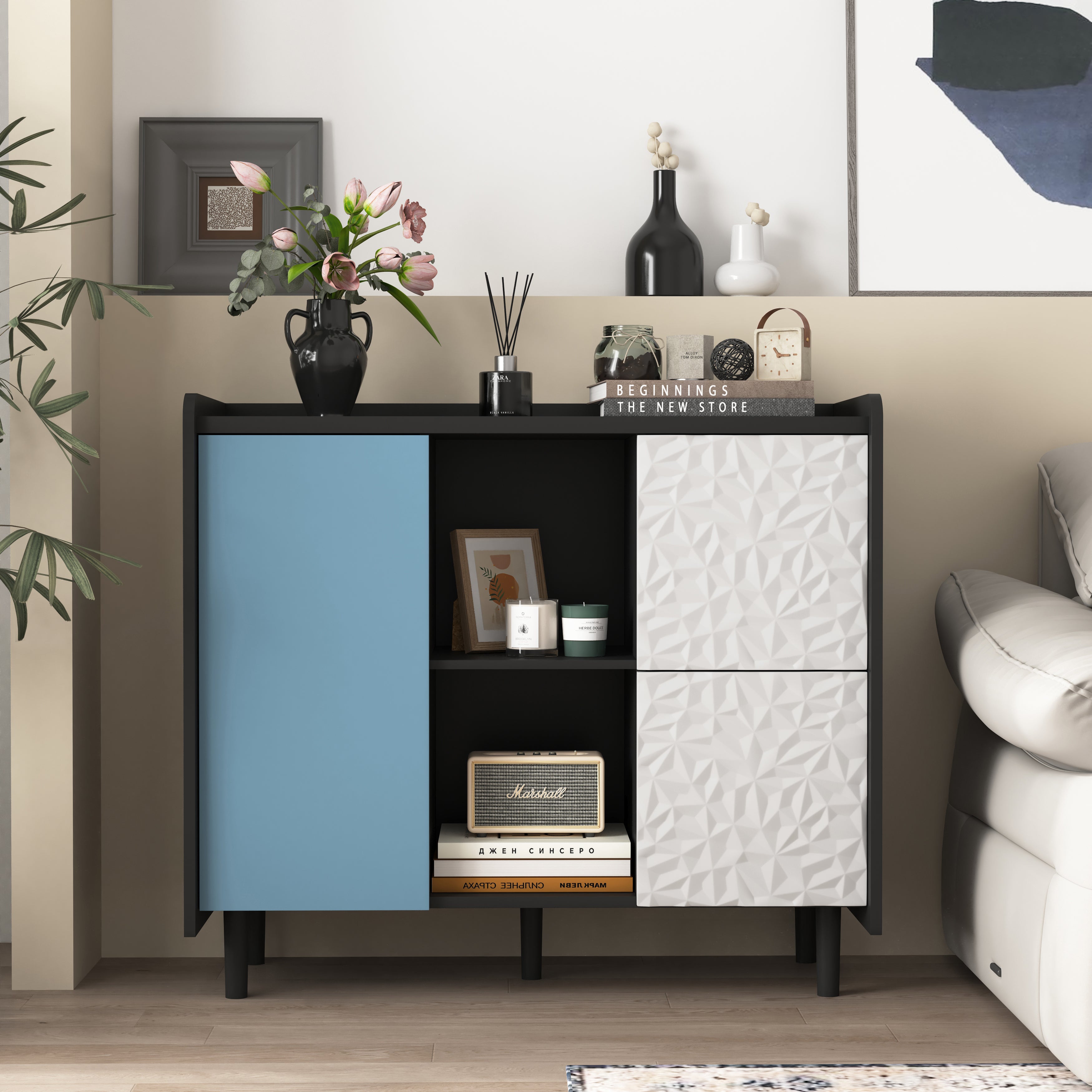 Sideboard Buffet Cabinet 2 Drawers 2 Open Storage - Black/Blue Doors