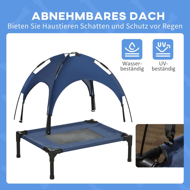 Raised Dog Bed Outdoor with Canopy UV Protection, Dark Blue Taffeta Fabric