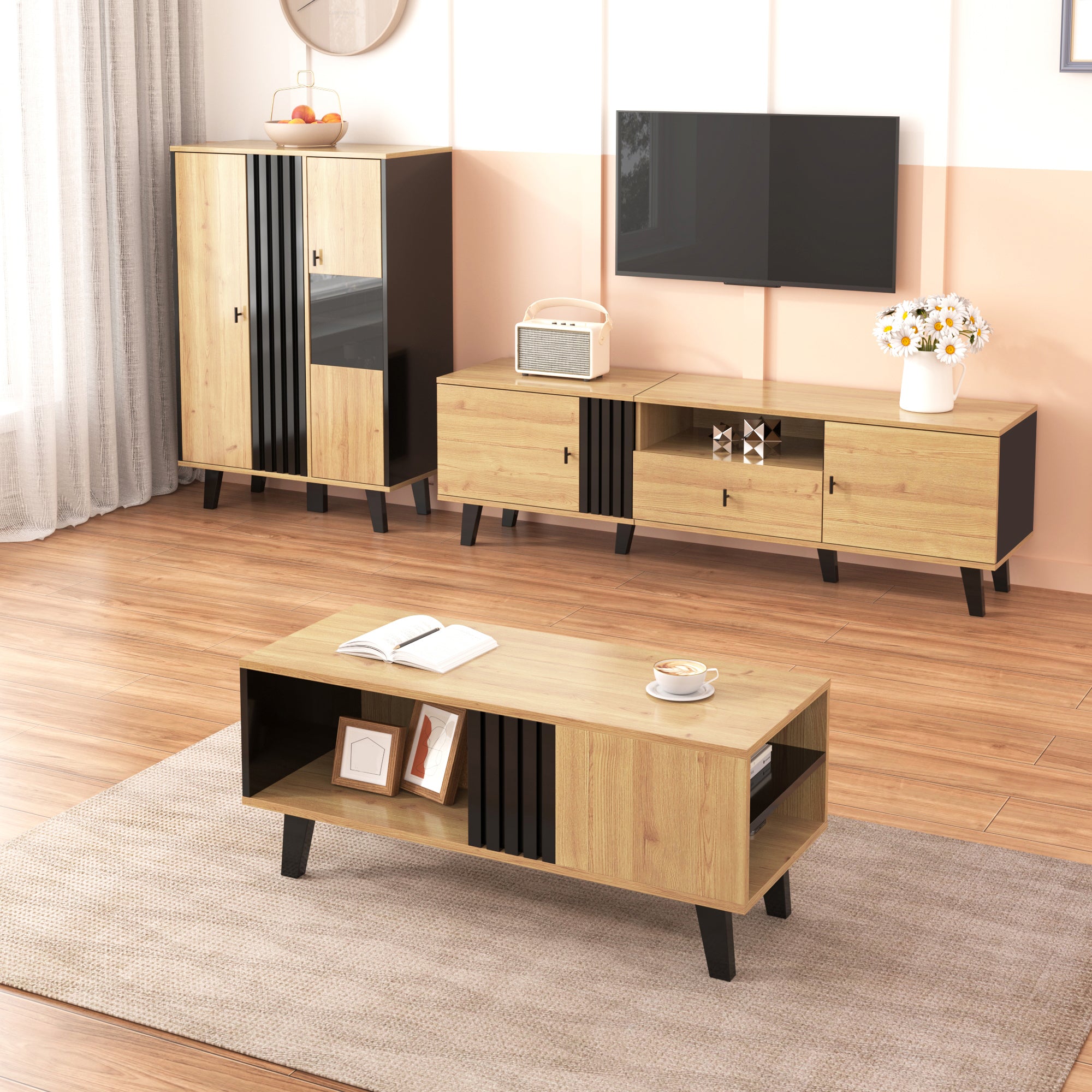 Living Room Furniture Set, 3-Piece Coffee Table TV Cabinet Sideboard Modern Design, Wood and Black