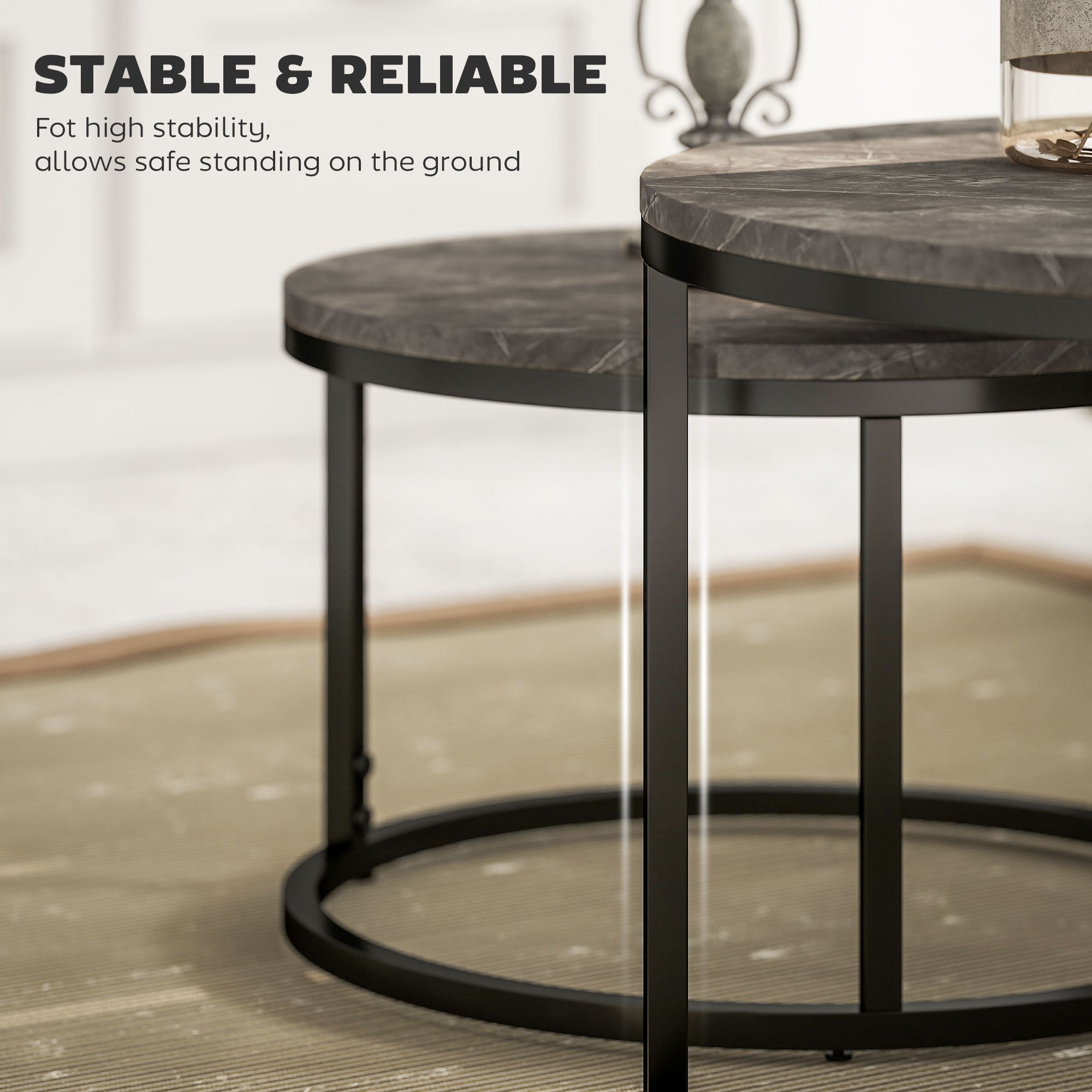 Industrial Nesting Coffee Table Set of 2, Round with Faux Marbled Top and Steel Frame