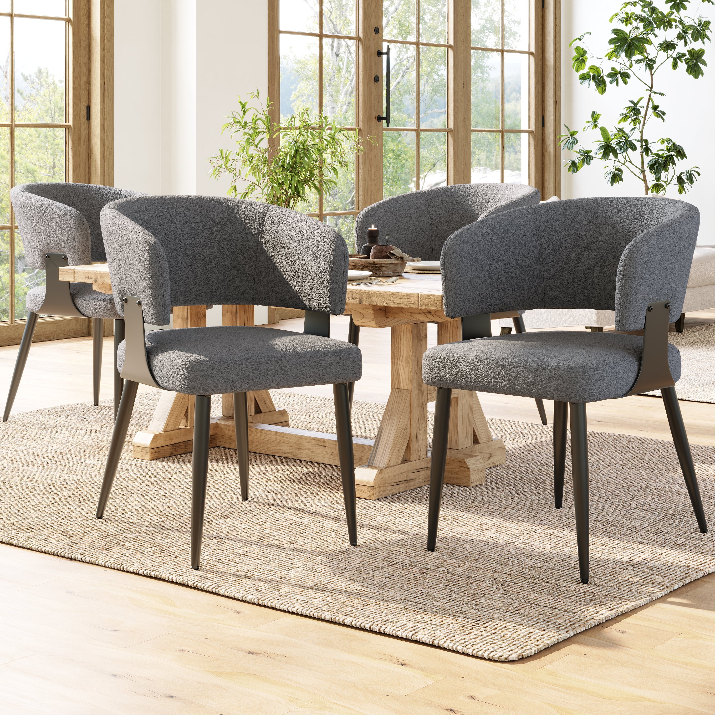 Ergonomic Dining Chair Set of 4 with Curved Backrest, Flannel Beige/Grey
