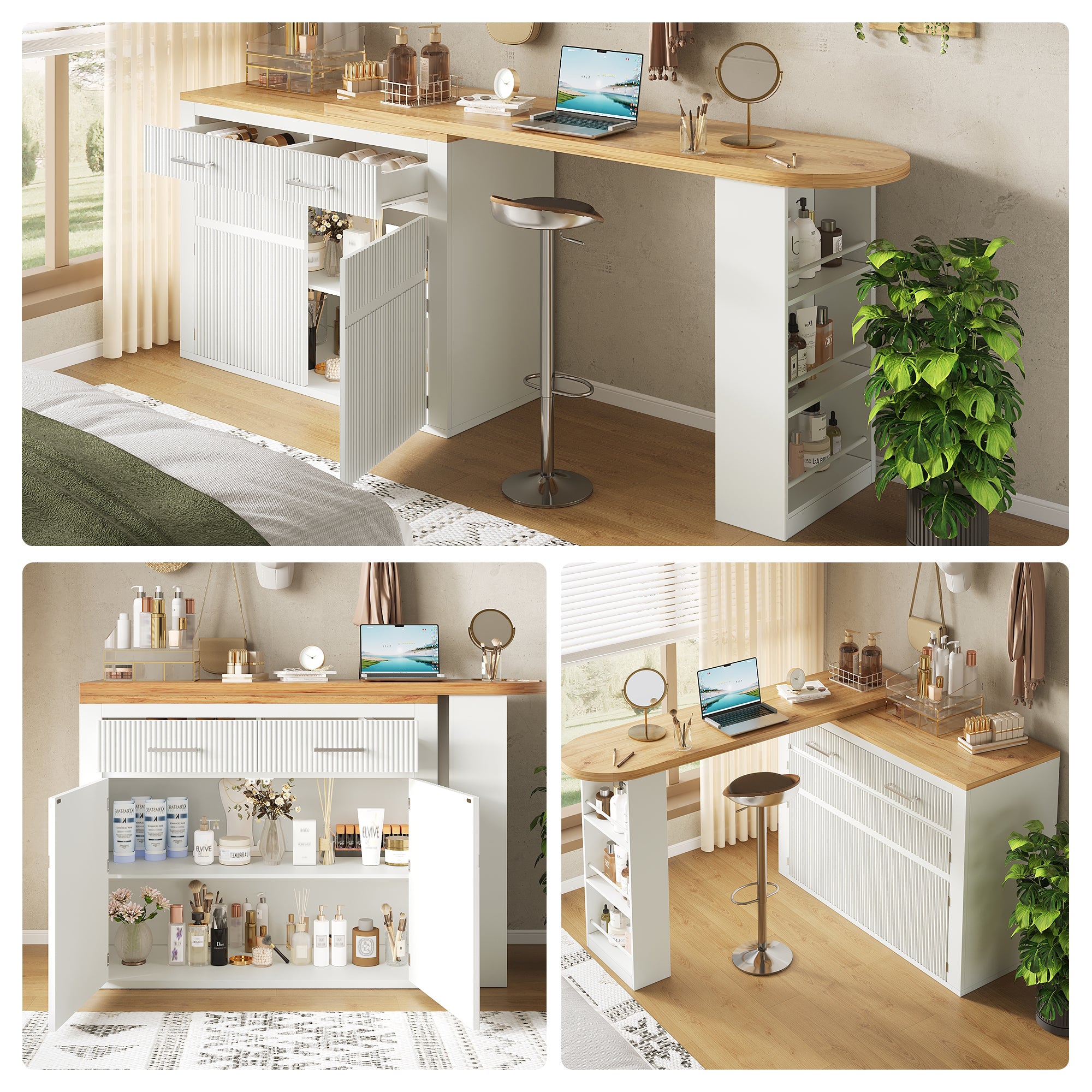 Extendable Bar Table Telescopic Movable Storage Drawer Shelves - White