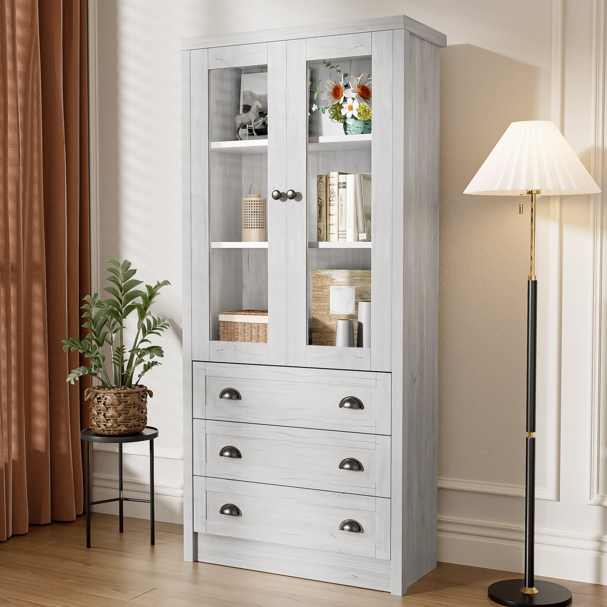 Modern Highboard Cabinet, 80x34x171 cm, Glass Doors, 3 Drawers, Wood Look with Copper Handles