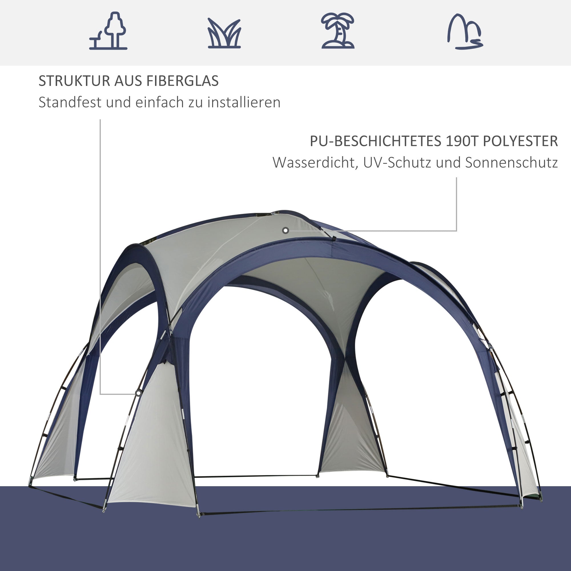 Camping Tent, Sun Protection Weatherproof, Fiberglass Pole + Polyester Cream White + Blue