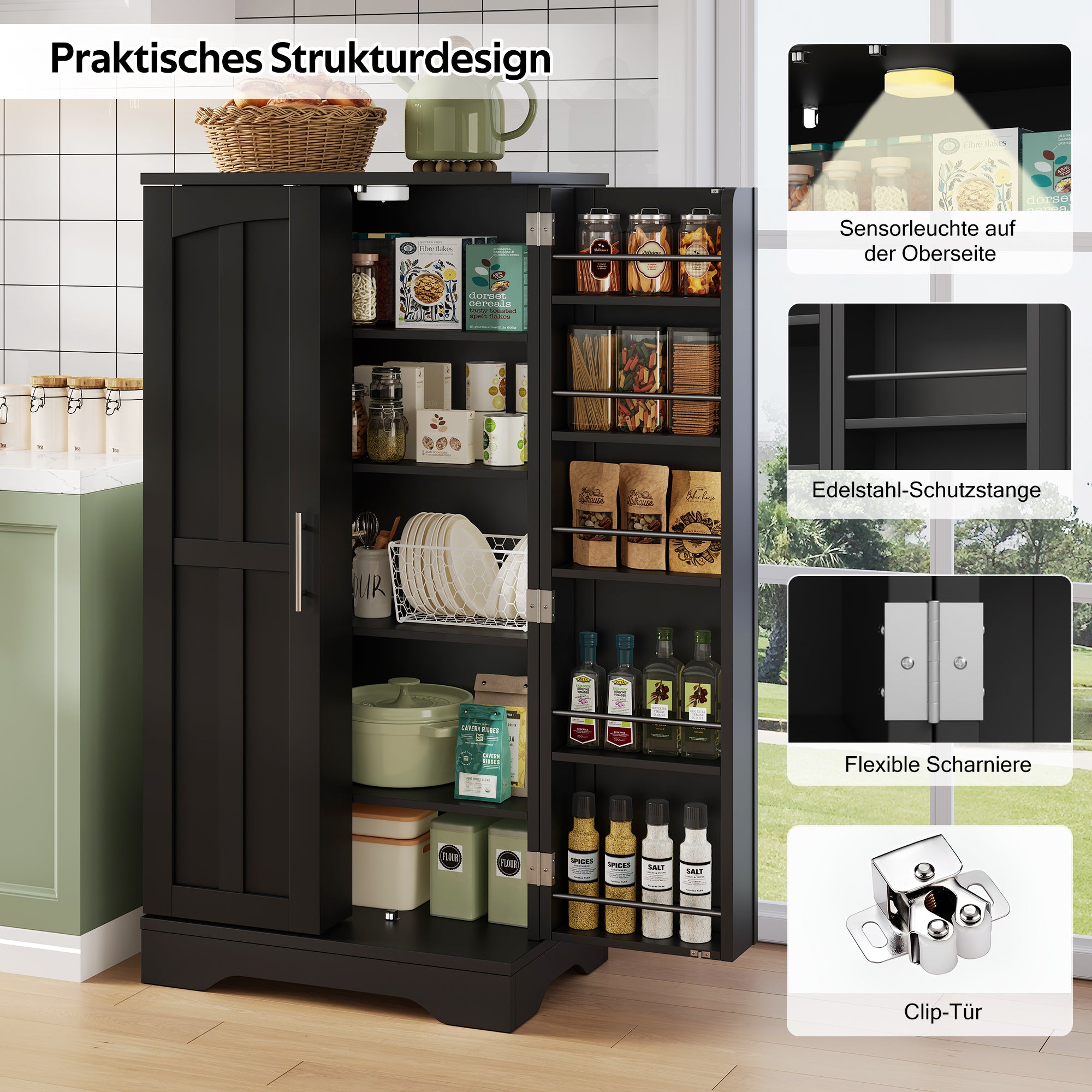 Storage Cabinet 2-Door LED Sensor Light Adjustable Shelves - Black