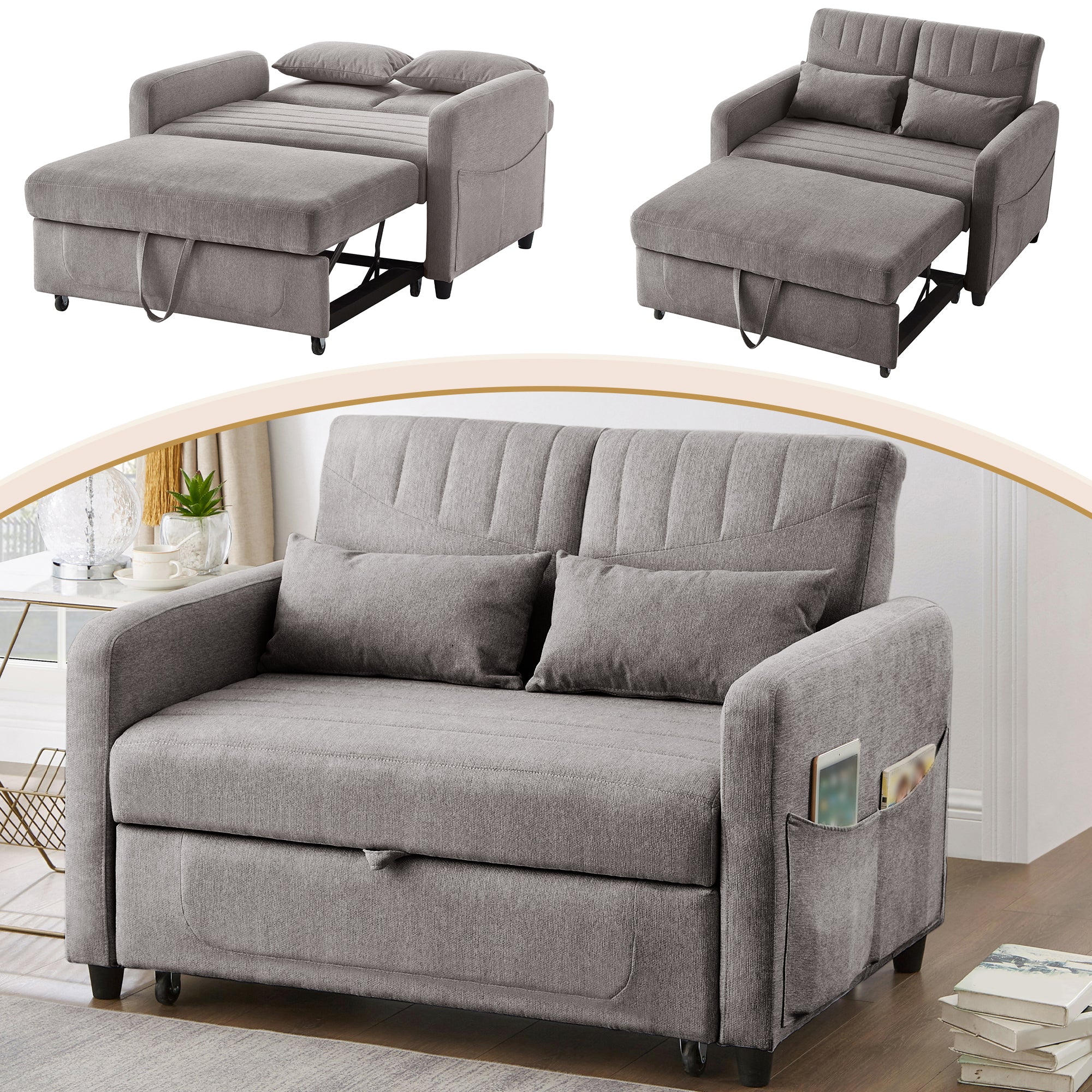 Sofa Bed, Two-Seater Folding Extendable with Adjustable Backrest, Cotton Linen