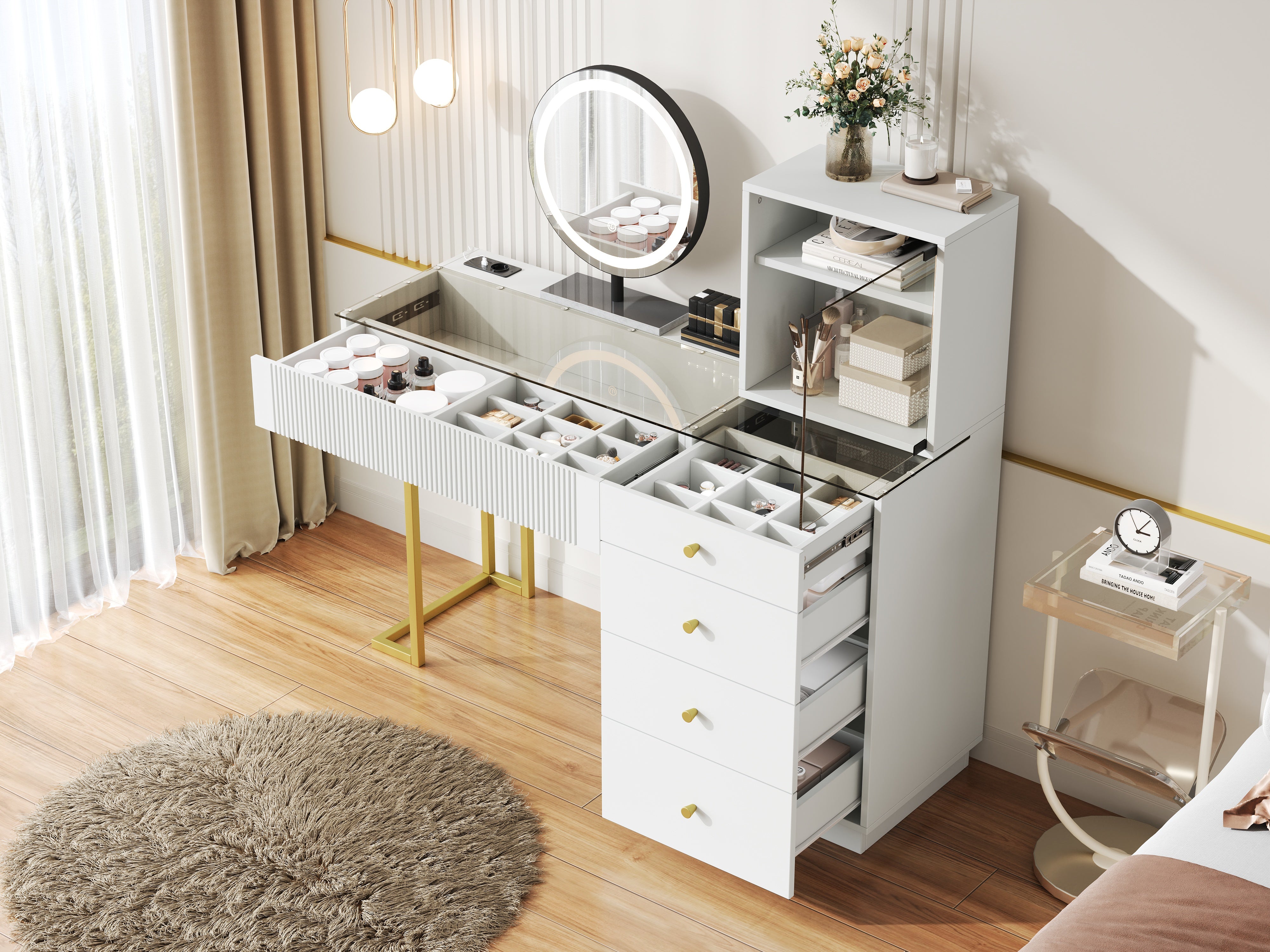 Dressing Table Set with LED Mirror and Glass Top, White