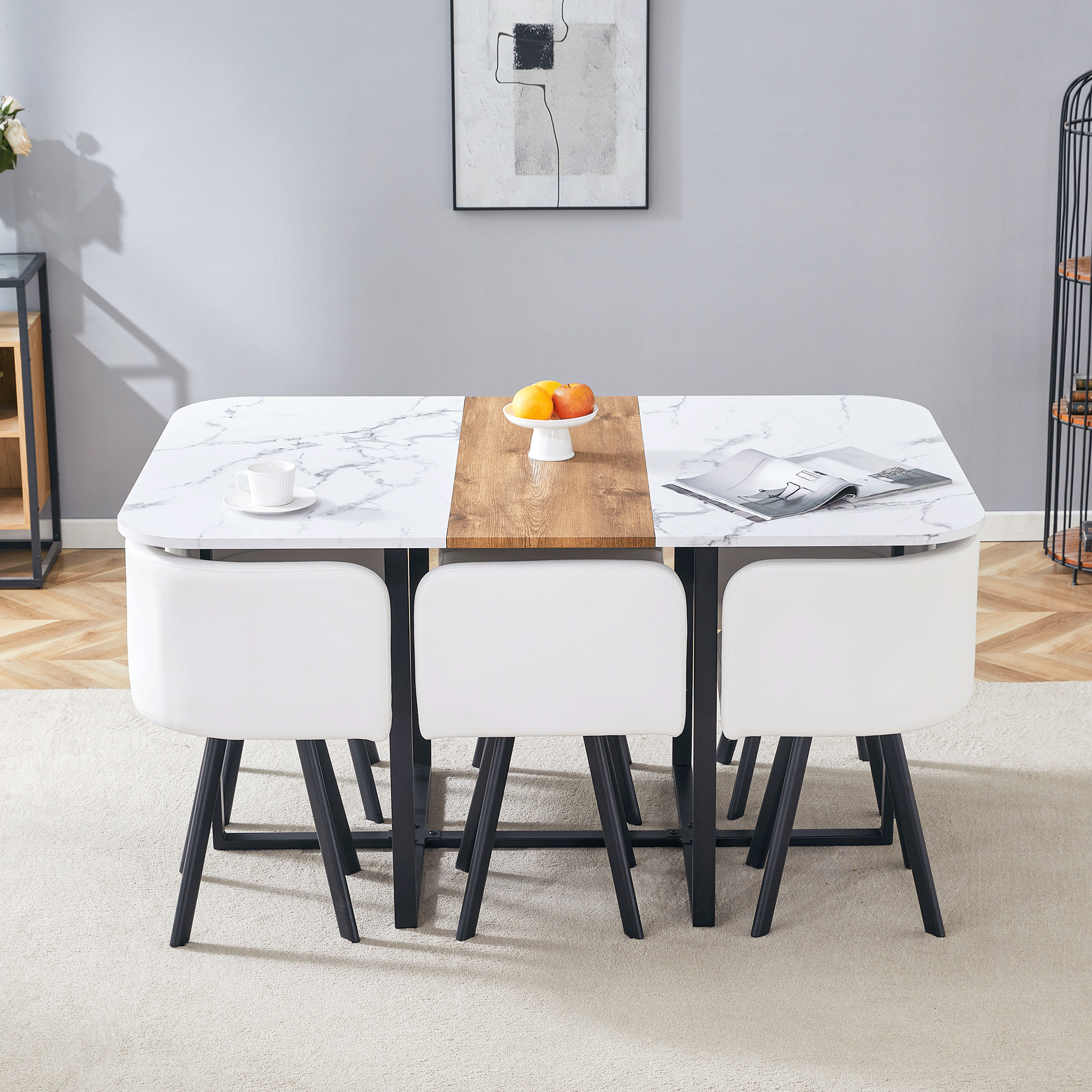 Dining Table Set Extendable Folding Table Chairs 4-6 Person White and Black