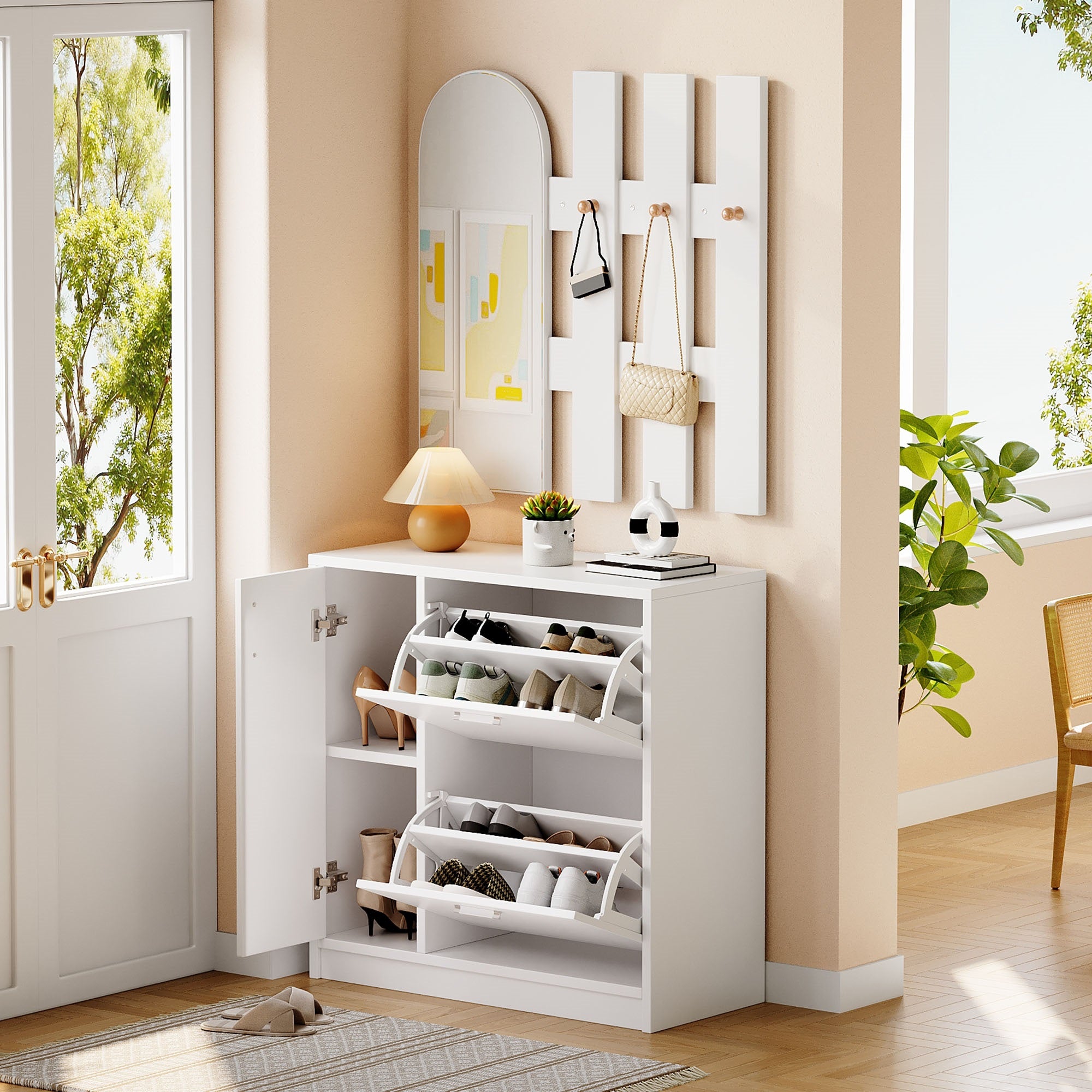Shoe Cabinet, Folding Doors with Mirror & Hooks, White