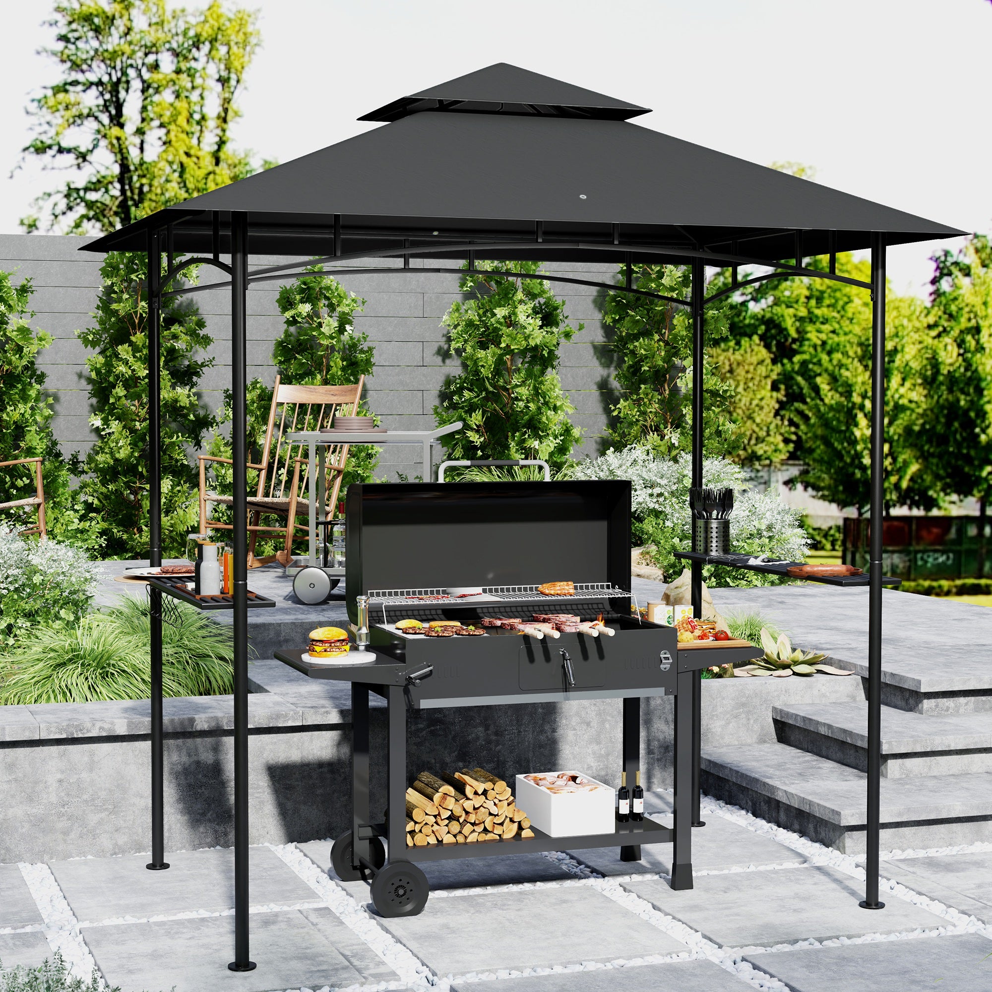 Grill Gazebo, Double Tiered BBQ Shelter Canopy with LED Lights, 2 Side Shelves, Hooks, Dark Grey