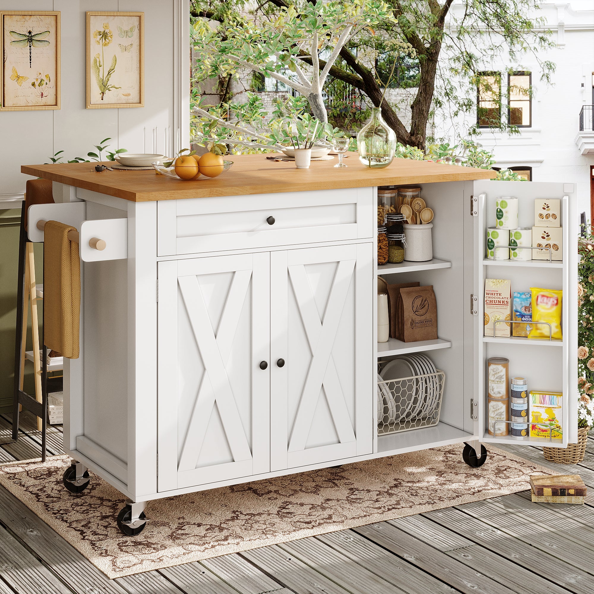 Mobile Kitchen Island with Foldable Table and Storage Drawers, White MDF