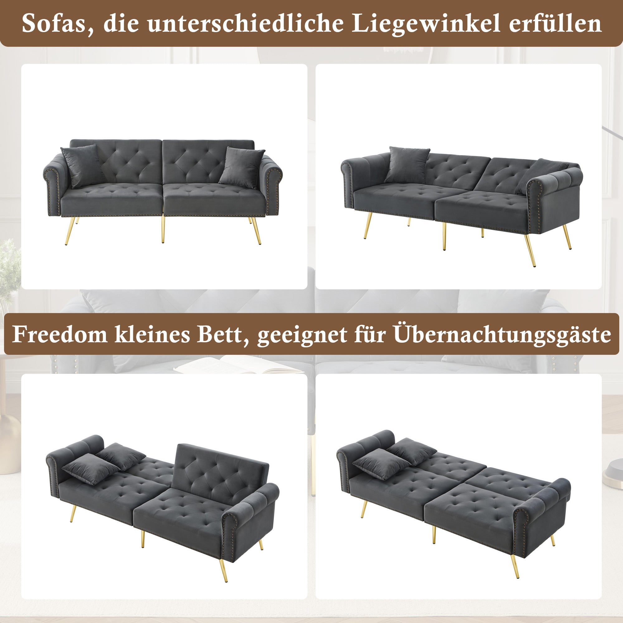 Sofa Bed, Modern 2-Seater with 3-Level Adjustable Backrest, Velvet