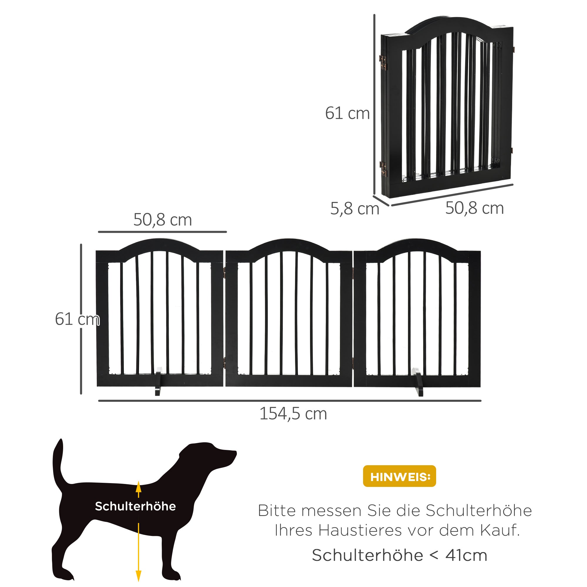 Dog Barrier, 3-Piece Foldable Gate with Support Feet, Black