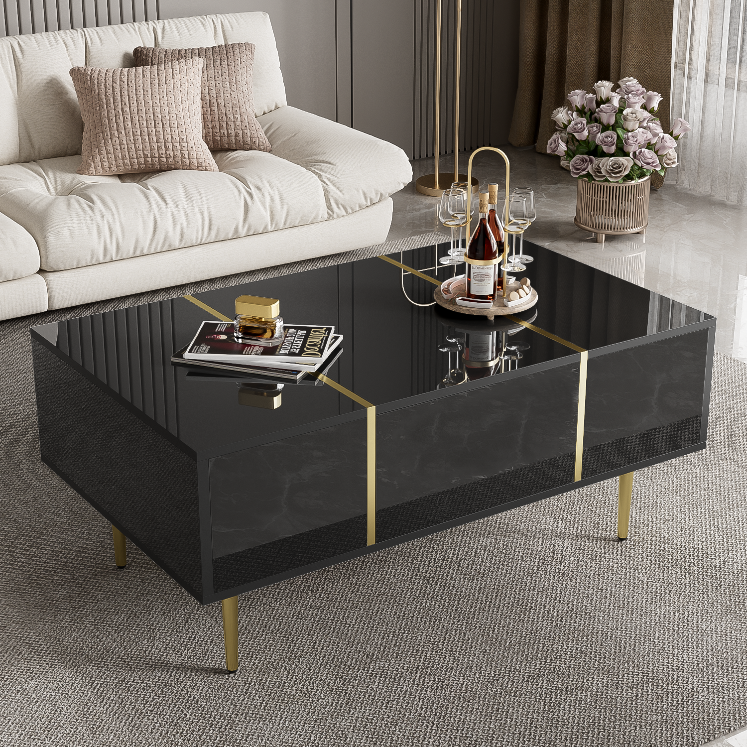 Modern Coffee Table, High Gloss with 2 Drawers, Black