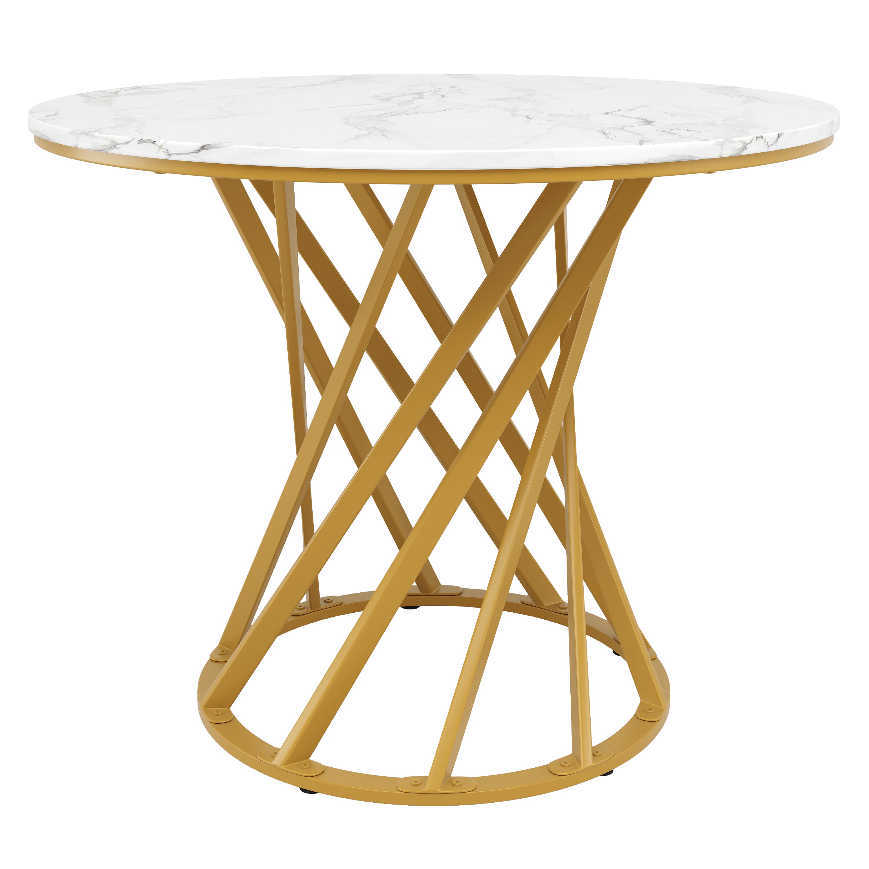 Round Dining Table, 80x80x76cm Coffee Kitchen Table for 4, Golden Metal Legs with MDF Marbled Tabletop
