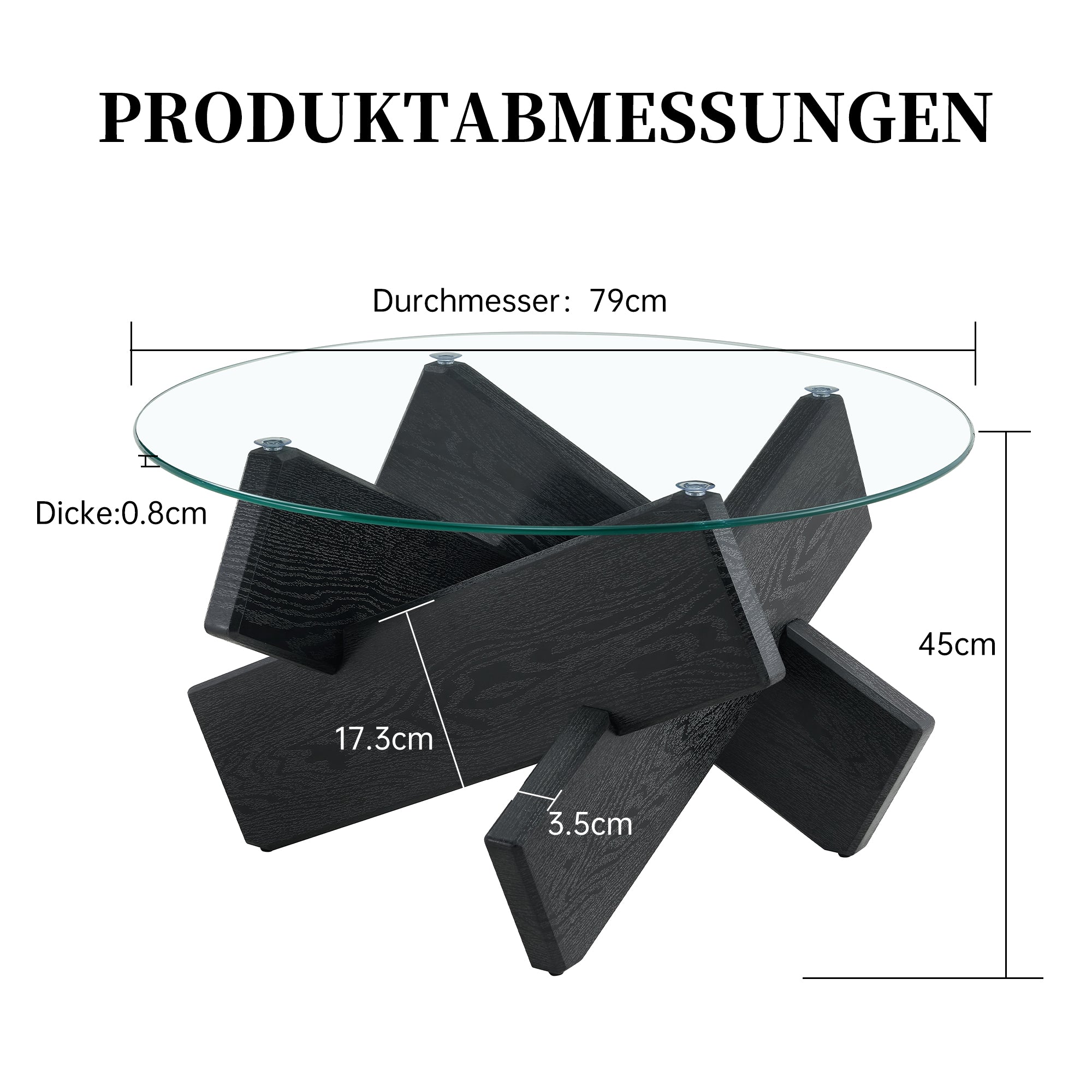 Round Coffee Table 79cm - Tempered Glass Top, Black Wood Grain Legs - MDF/Glass