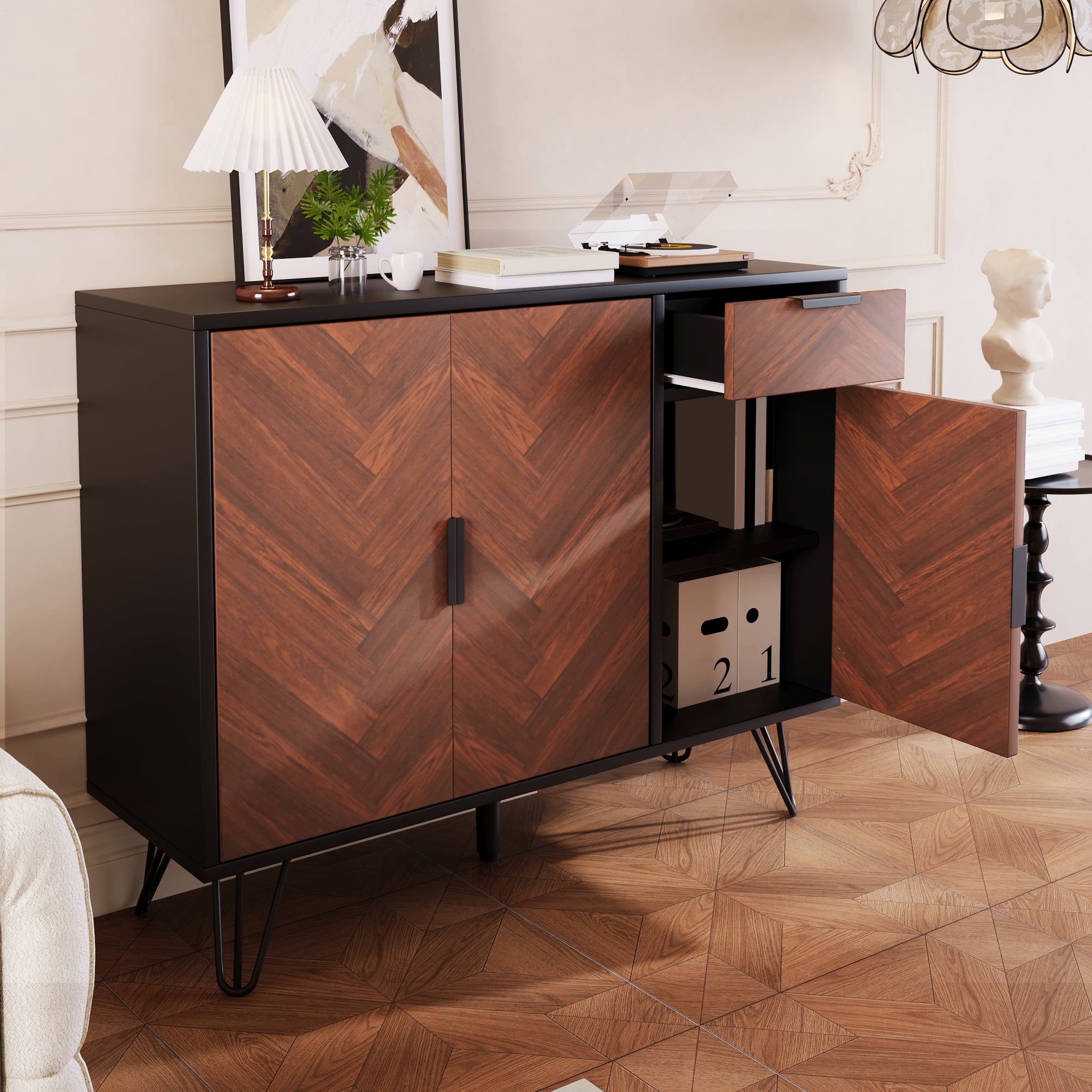 Storage Cabinet, Modern Sideboard with Drawer & Adjustable Shelves, Black & Wood Look