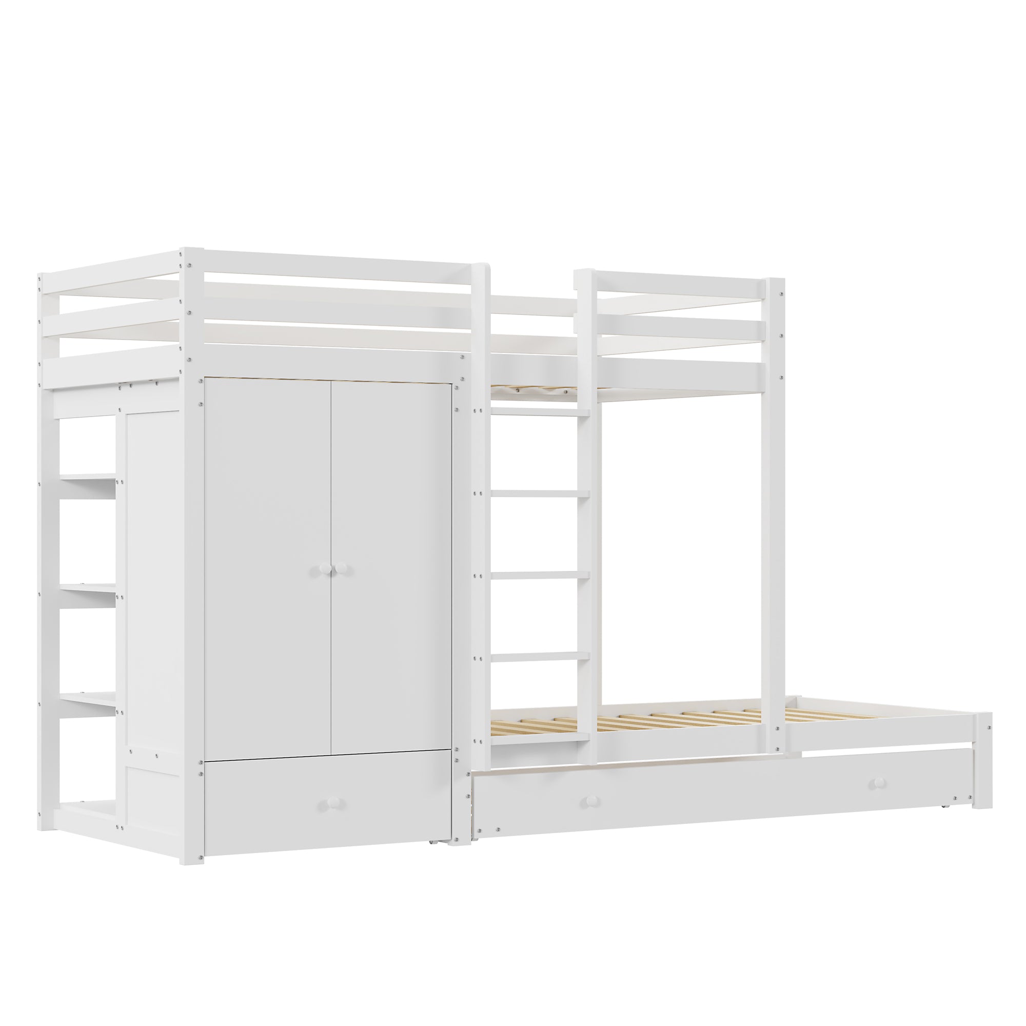 Bunk Bed 90x200 with Pull-Out Bed & Storage, Solid Wood, White