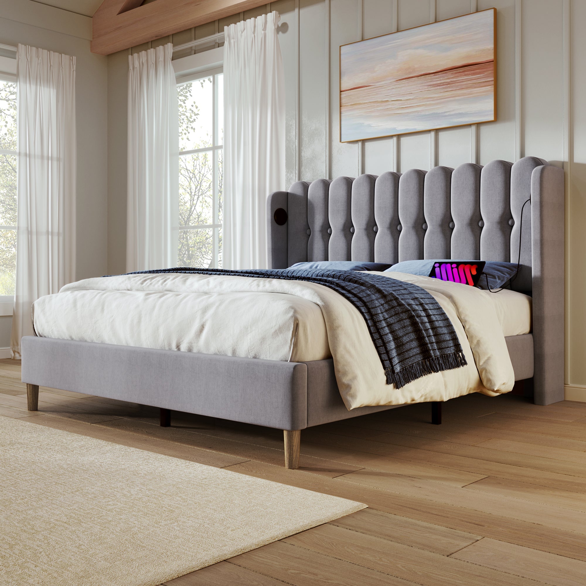 Upholstered Double Bed with USB and Type-C Charging, Bed Frame with Wooden Slatted Frame, Teenager Bed, Grey Linen Material