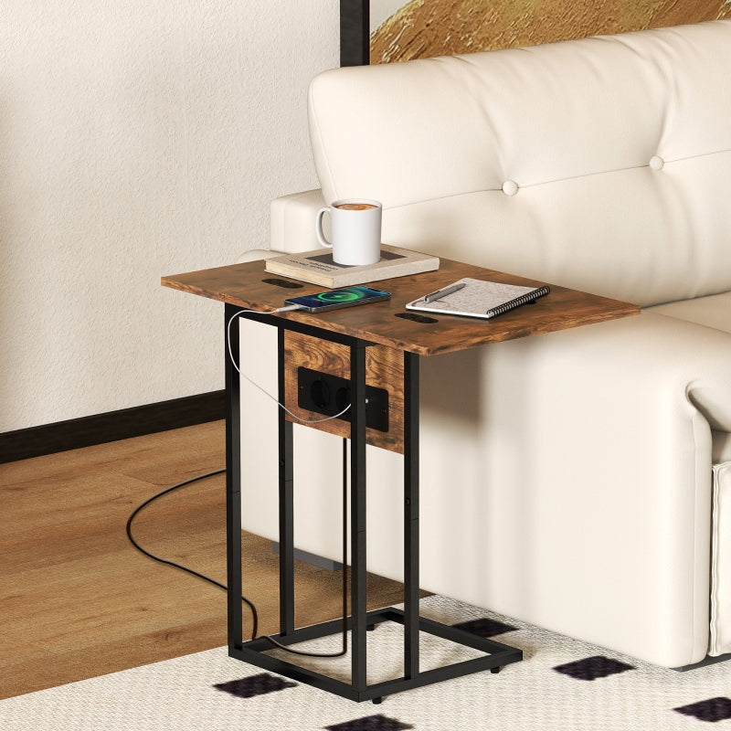 Foldable Side Table, Charging Station USB Ports, Brown Metal