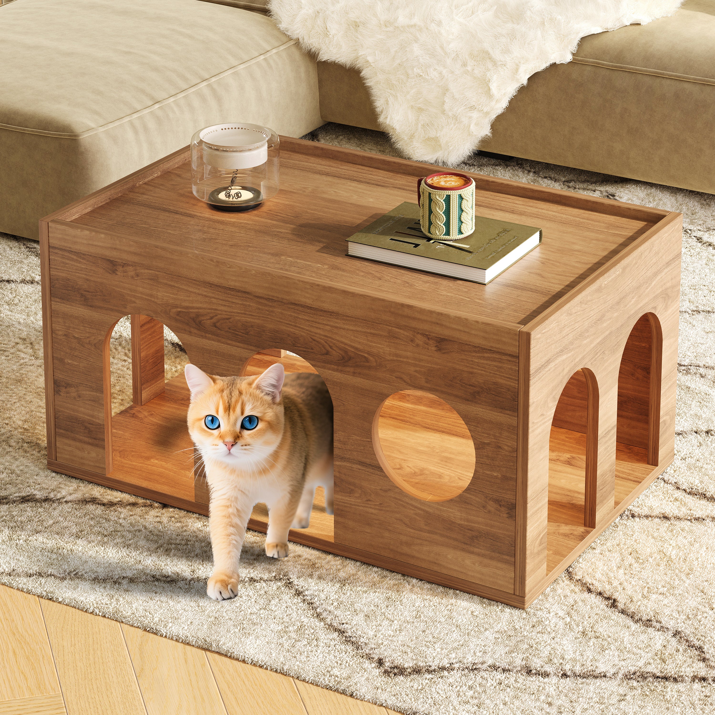 Coffee Table Pet-Friendly Cat Holes 80x50x40 cm Walnut Finish