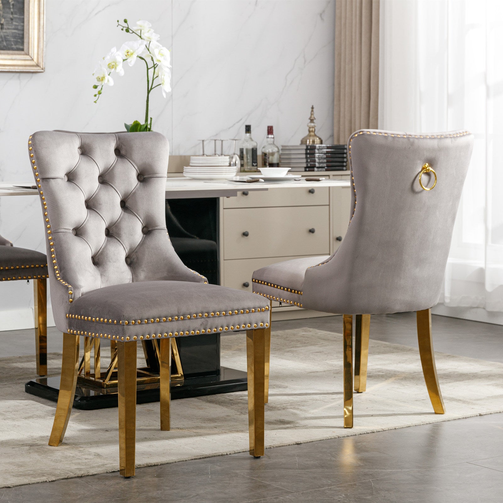 A&A Furniture Nikki Collection Tufted Velvet Dining Chair with Nailhead Trim, Set of 2, Gray and Gold