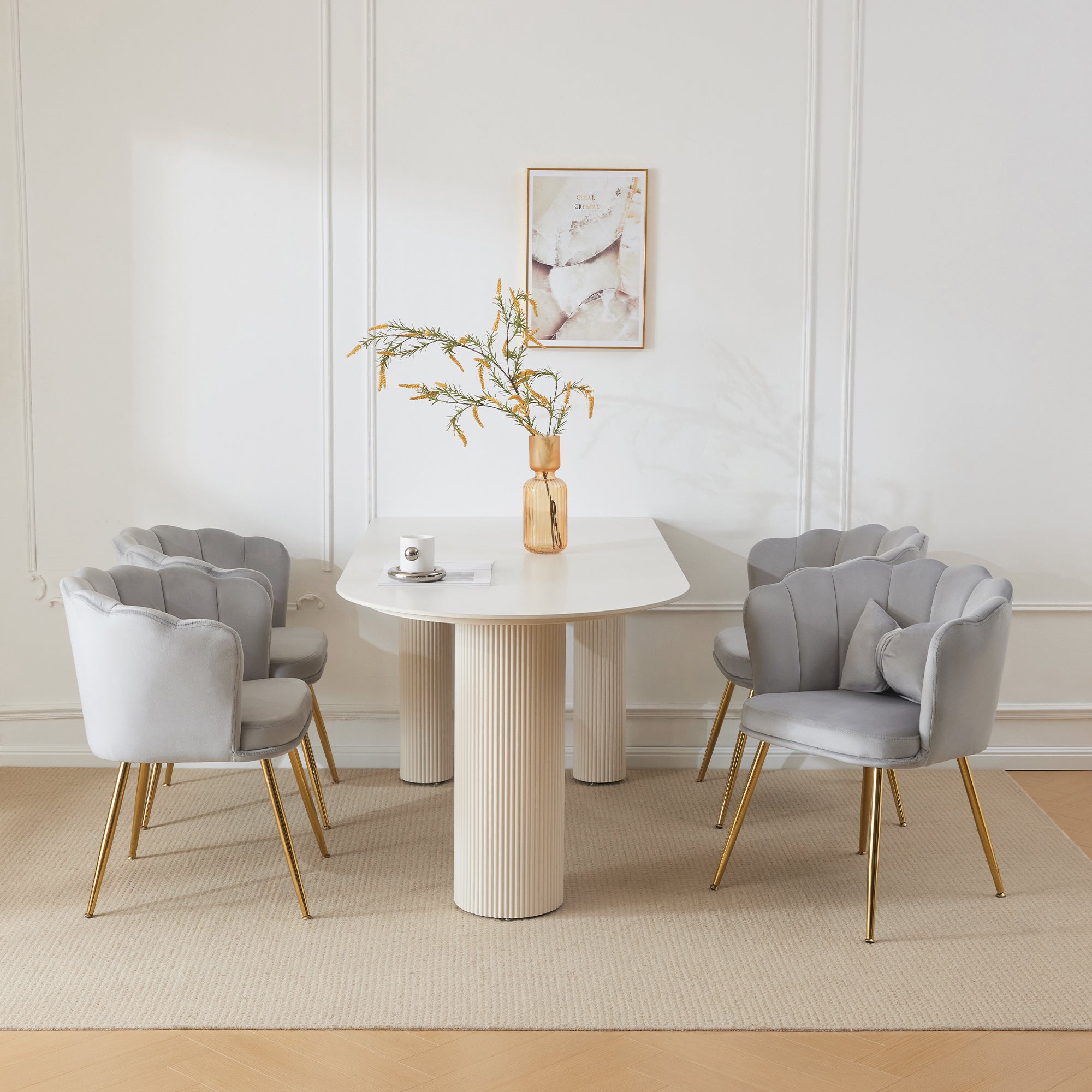 Chairs, Set of 4 Velvet Upholstered with Petal Back & Gold Legs, Modern