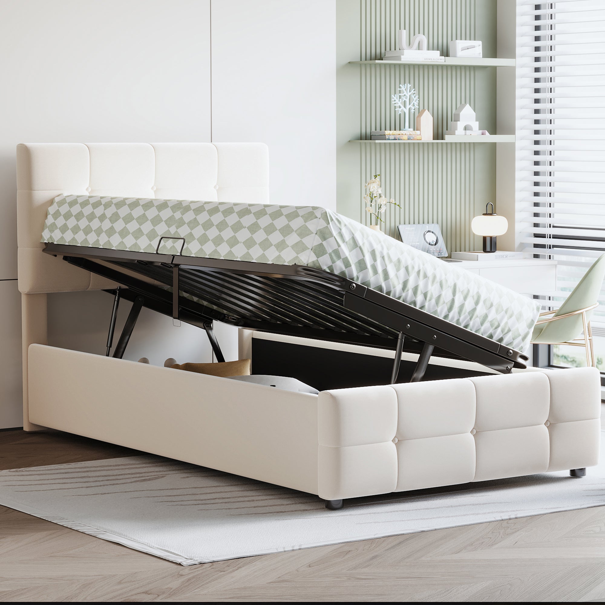 Upholstered Children's Bed 90x200cm, Hydraulic Storage, Adjustable Headboard, Velvet Beige