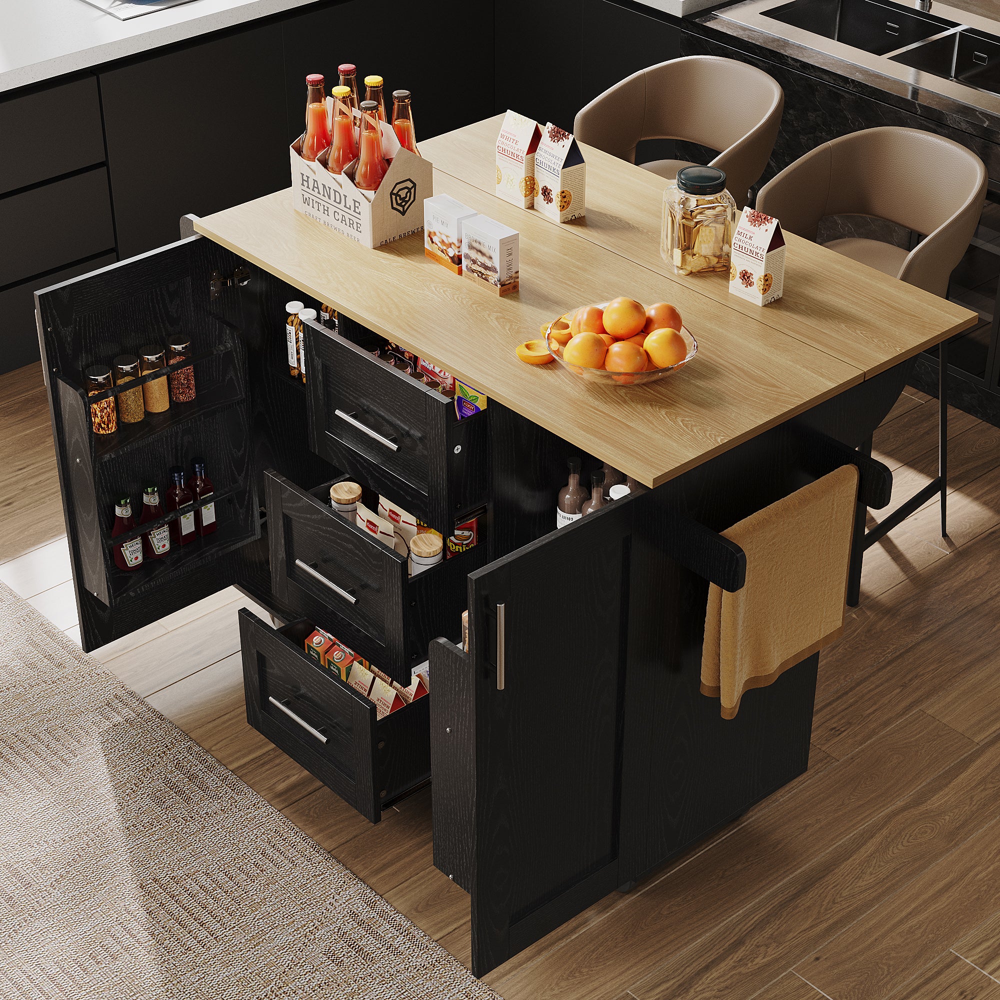 Kitchen Island Workbench Storage Removable Casters - Black