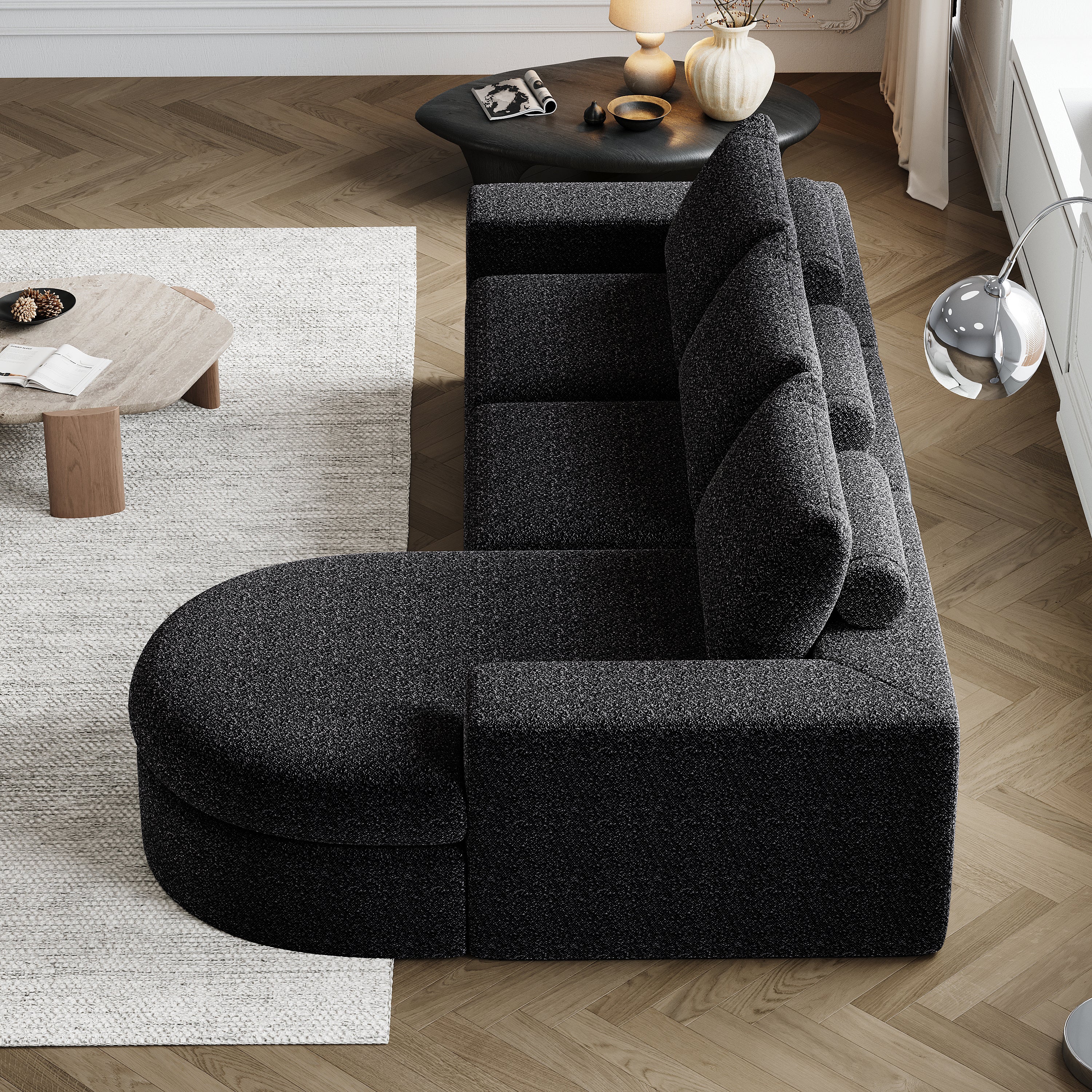 Chenille Sofa, Curved Modular L-Lounger, Foam Compression