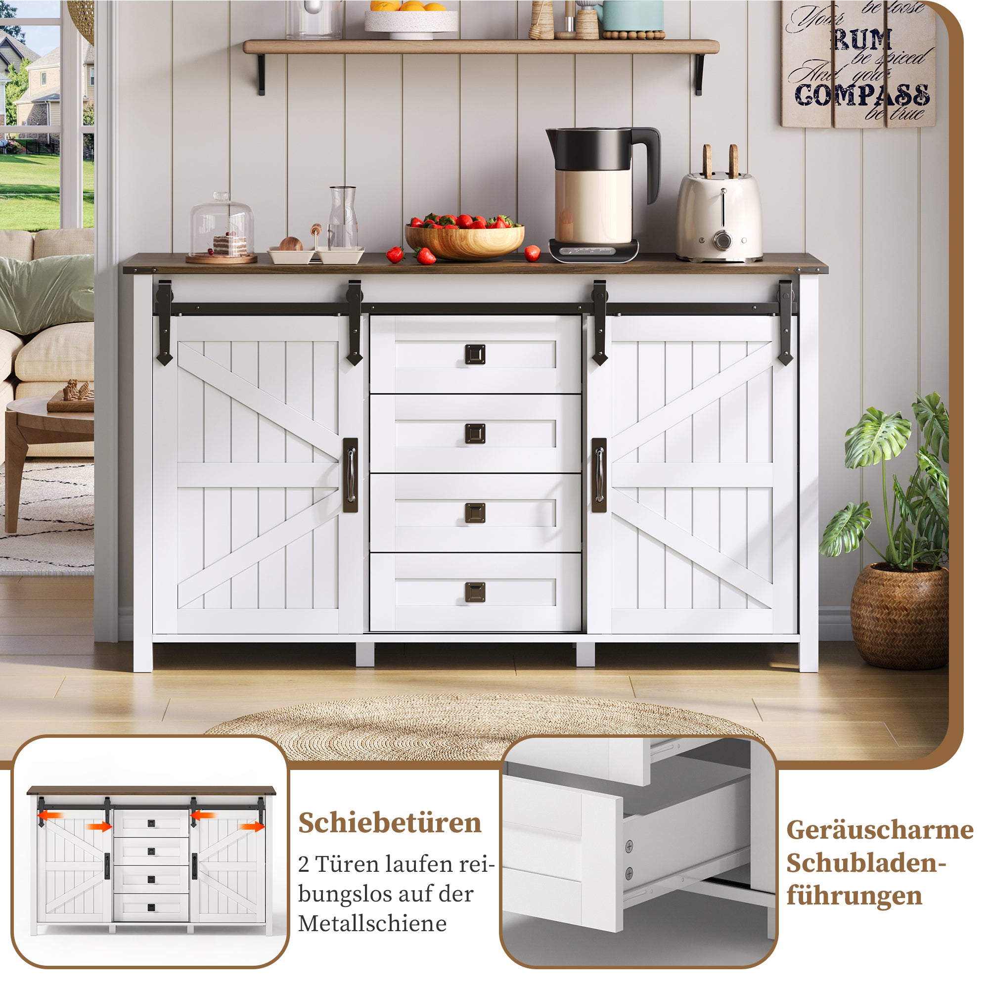 Sideboard 137cm Sliding Doors 4 Drawers Vintage Storage - White