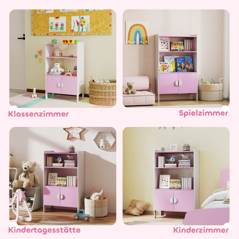 Kids Bookcase, 2 Shelves 2 Cabinets Freestanding, Pink+White MDF