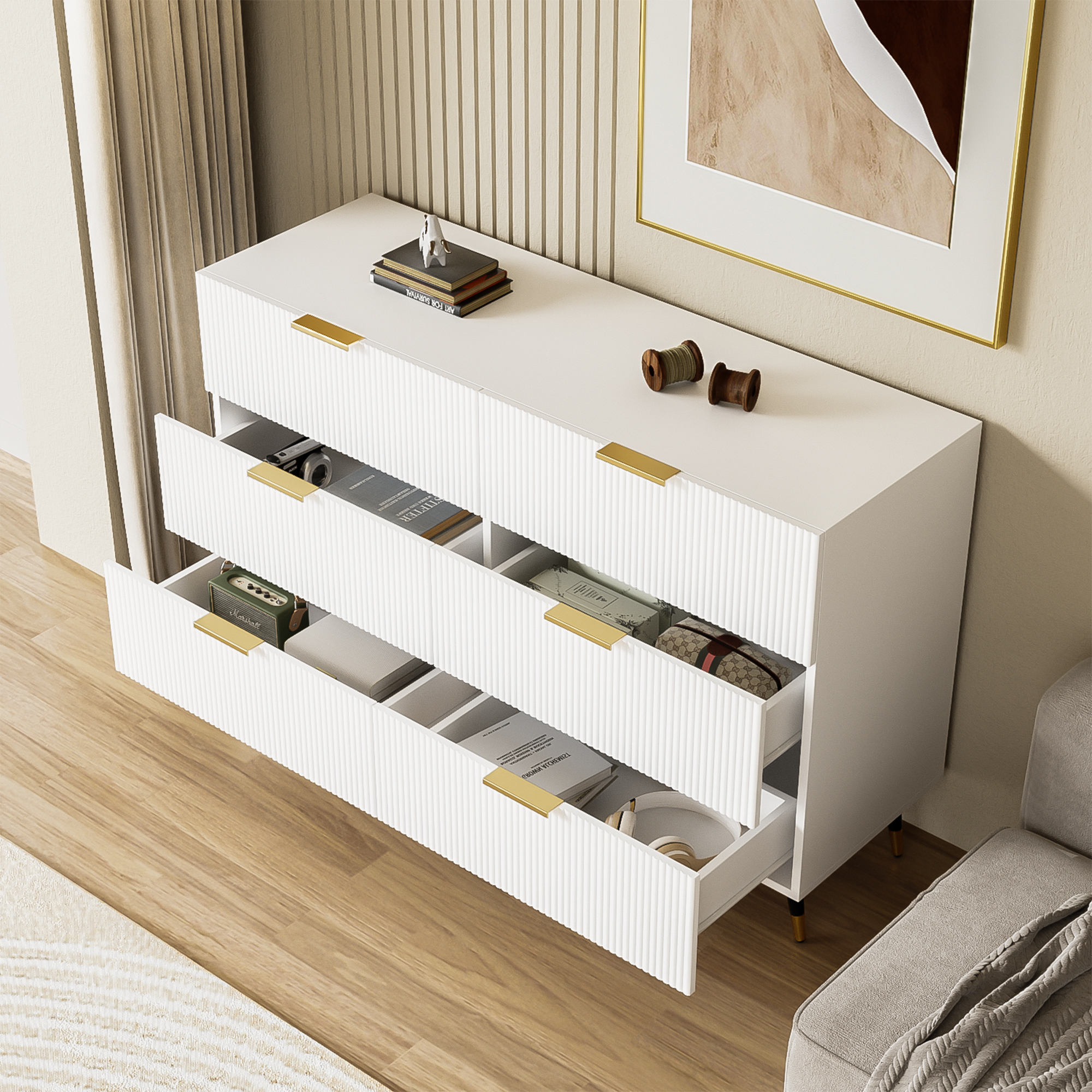 Sideboard, Modern Design Chest of Drawers, Wood, White and Gold