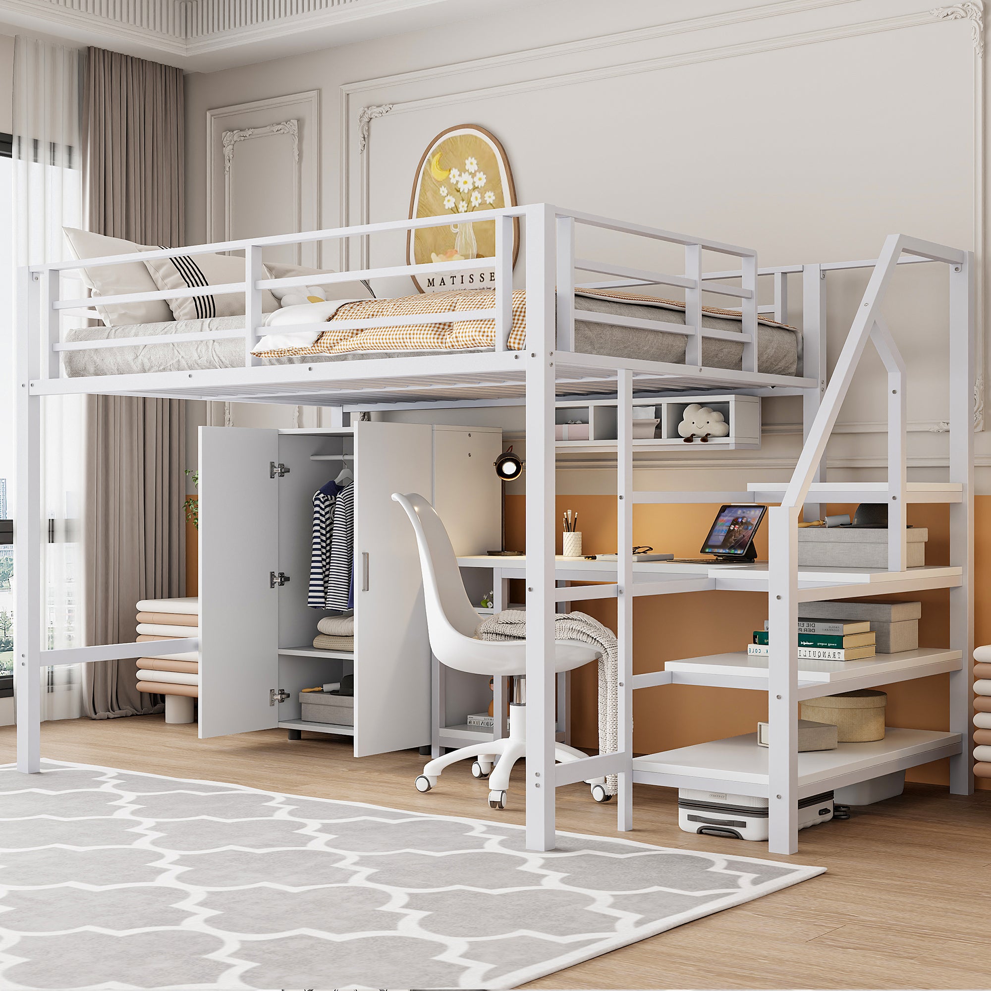 Loft Bed 140x200cm Wardrobe Desk Storage Ladder Shelves - White