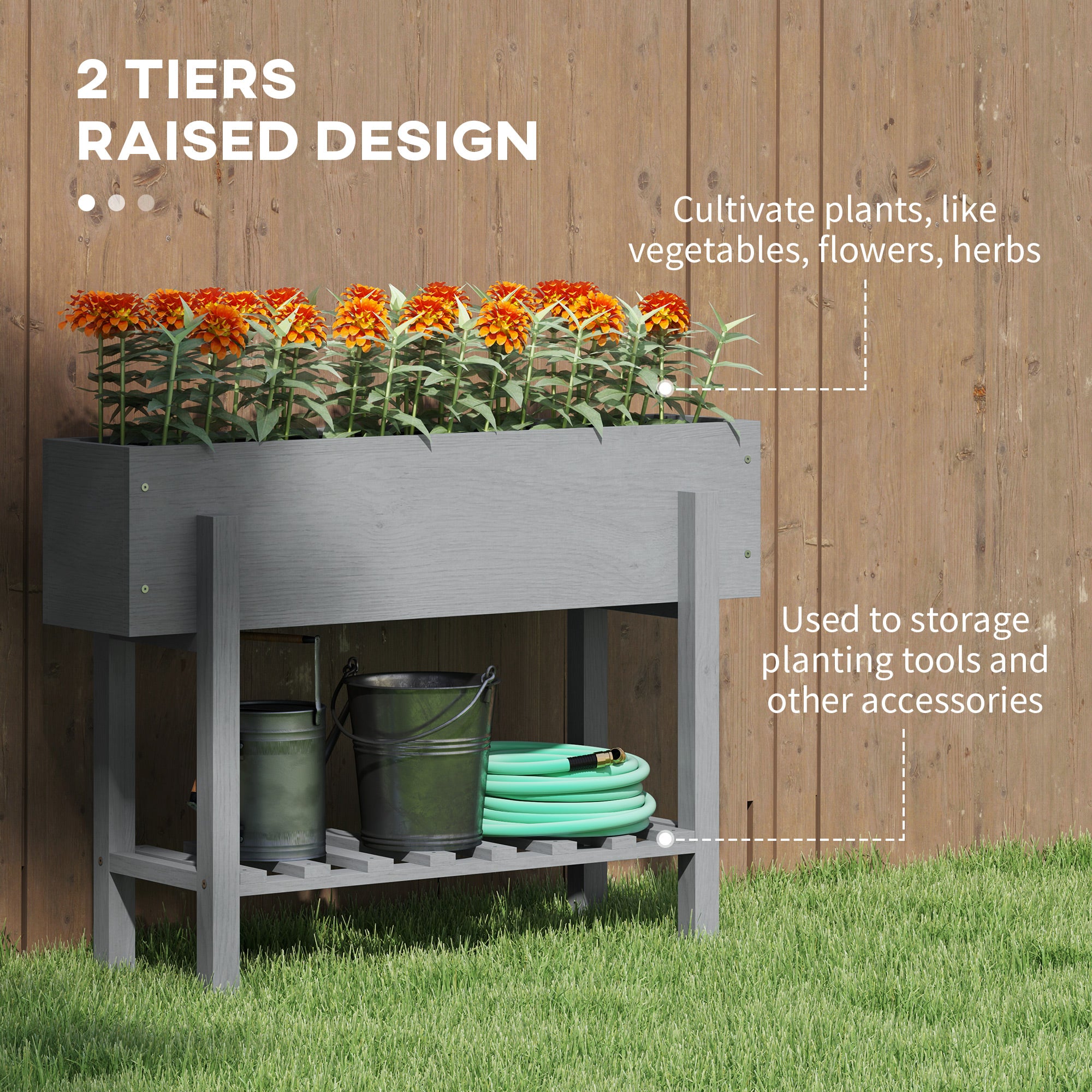 Wooden Two-Tier Raised Planter for Garden Herbs Vegetables, Grey