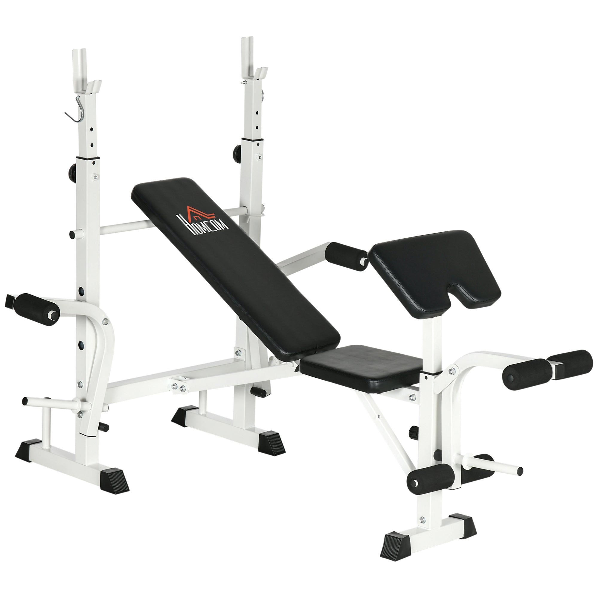 Weight Bench with Leg Press, Barbell Rack, and Armrests, Black and White